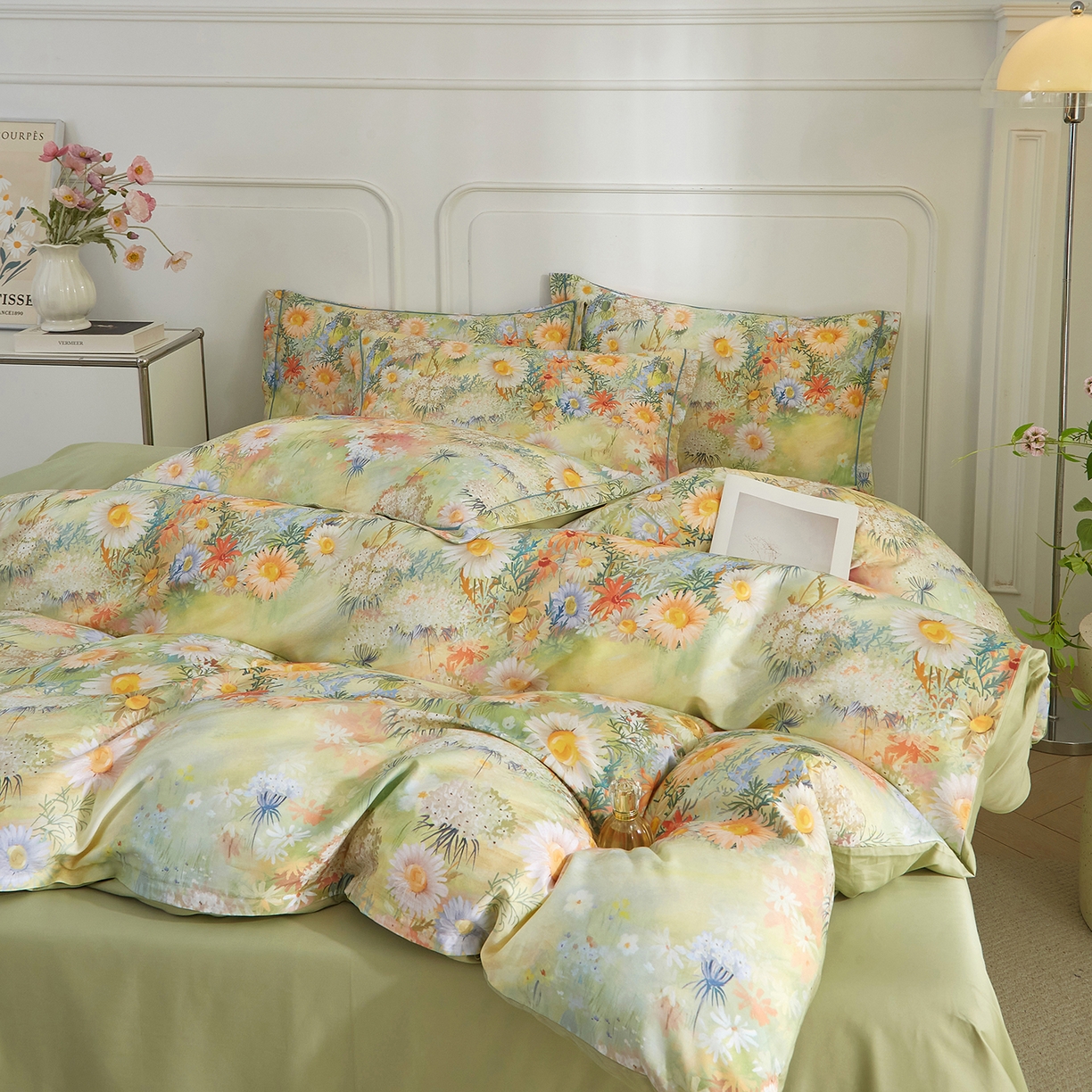 91家纺网 家纺一手货源 找家纺 锦彩家居 2026新款全棉纯棉印花60支贡缎新疆长绒棉四件套-山月记系列 青苒