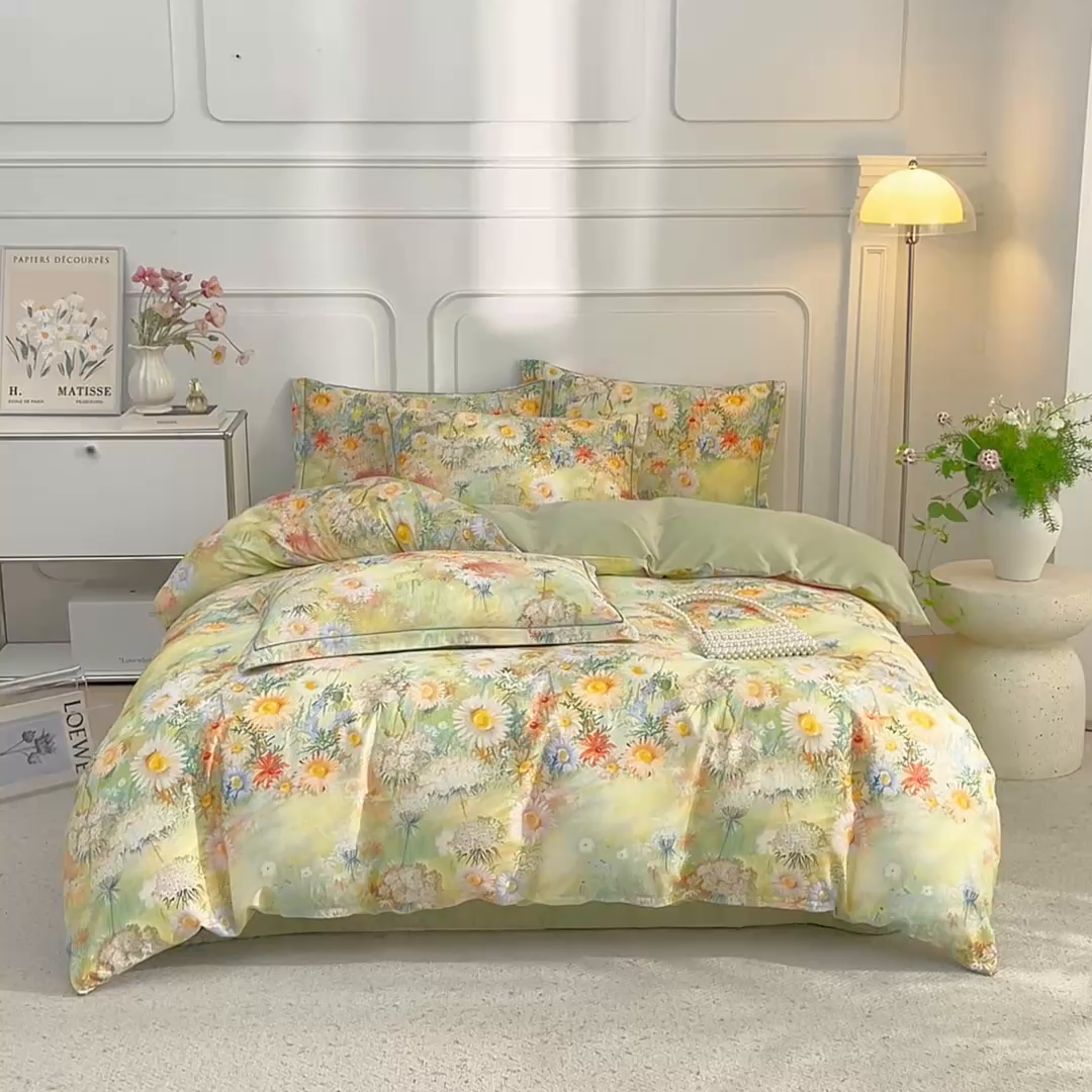 91家纺网 家纺一手货源 找家纺 锦彩家居 2026新款全棉纯棉印花60支贡缎新疆长绒棉四件套-山月记系列 青苒