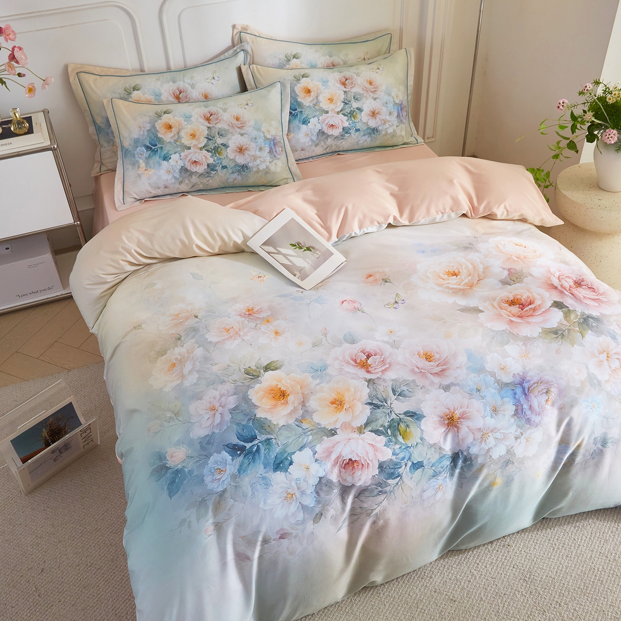 91家纺网 家纺一手货源 找家纺 锦彩家居 2026新款全棉纯棉印花60支贡缎新疆长绒棉四件套-山月记系列 棠华