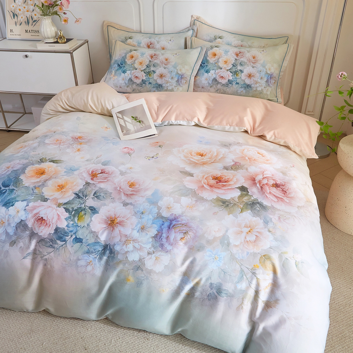 91家纺网 家纺一手货源 找家纺 锦彩家居 2026新款全棉纯棉印花60支贡缎新疆长绒棉四件套-山月记系列 棠华