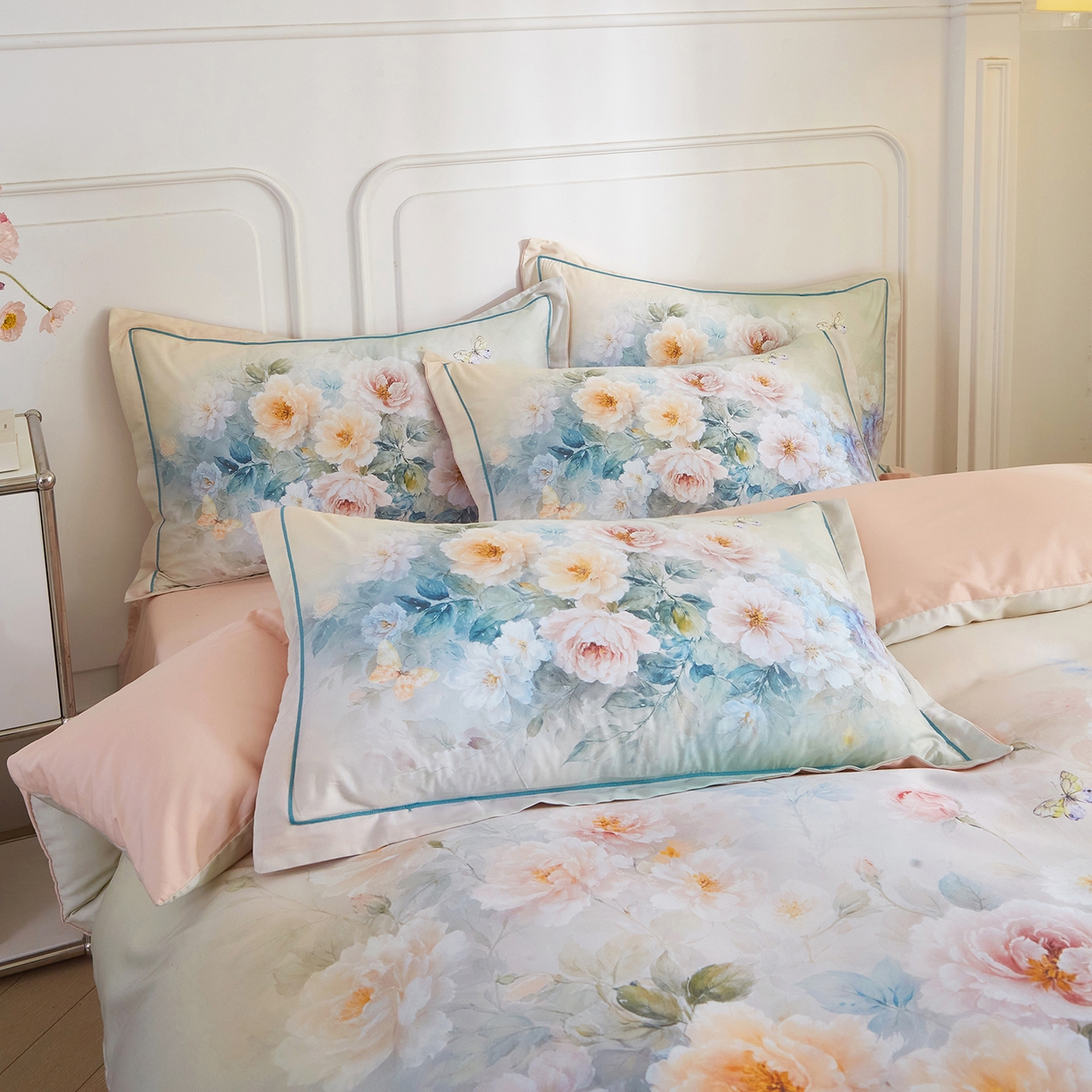 91家纺网 家纺一手货源 找家纺 锦彩家居 2026新款全棉纯棉印花60支贡缎新疆长绒棉四件套-山月记系列 棠华