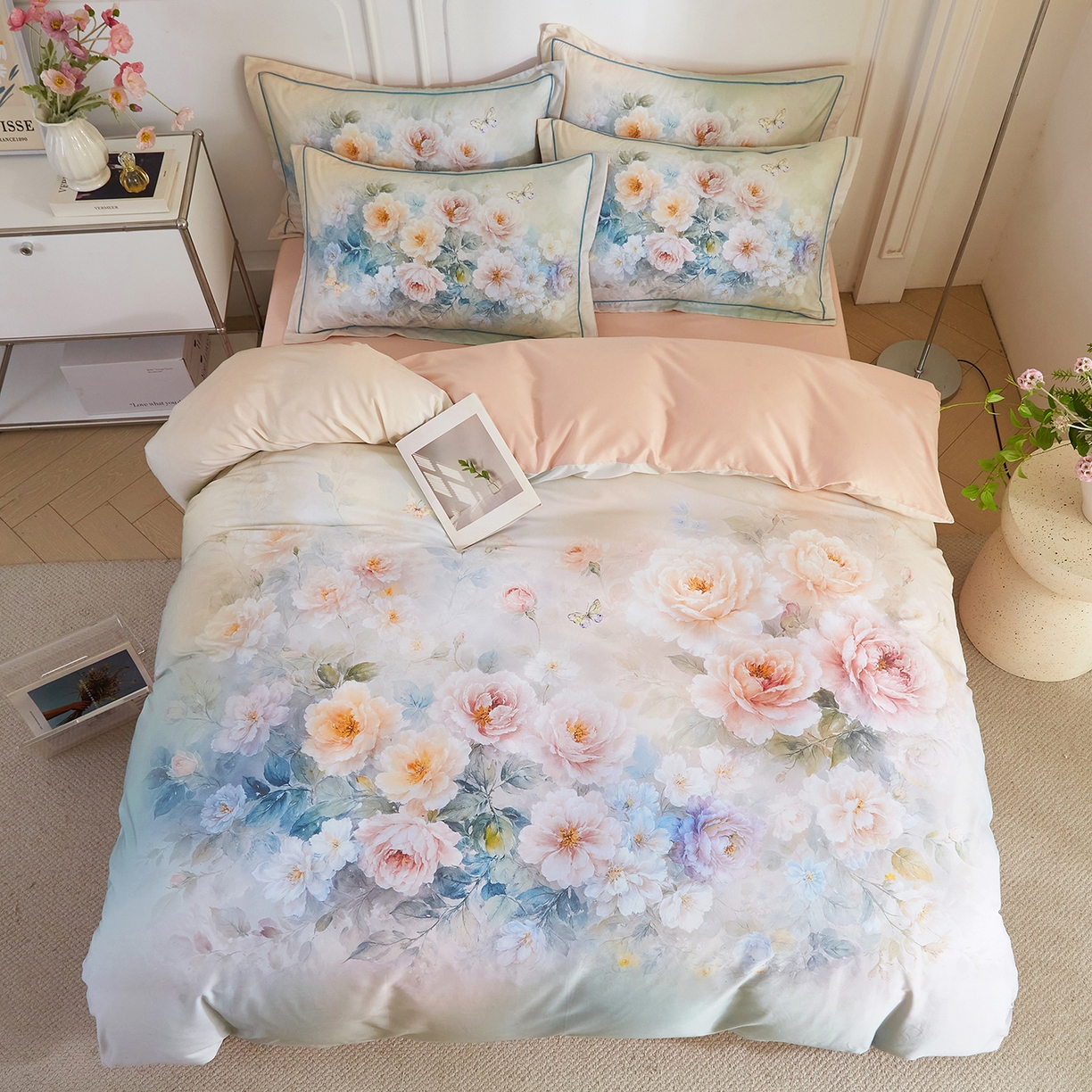 91家纺网 家纺一手货源 找家纺 锦彩家居 2026新款全棉纯棉印花60支贡缎新疆长绒棉四件套-山月记系列 棠华