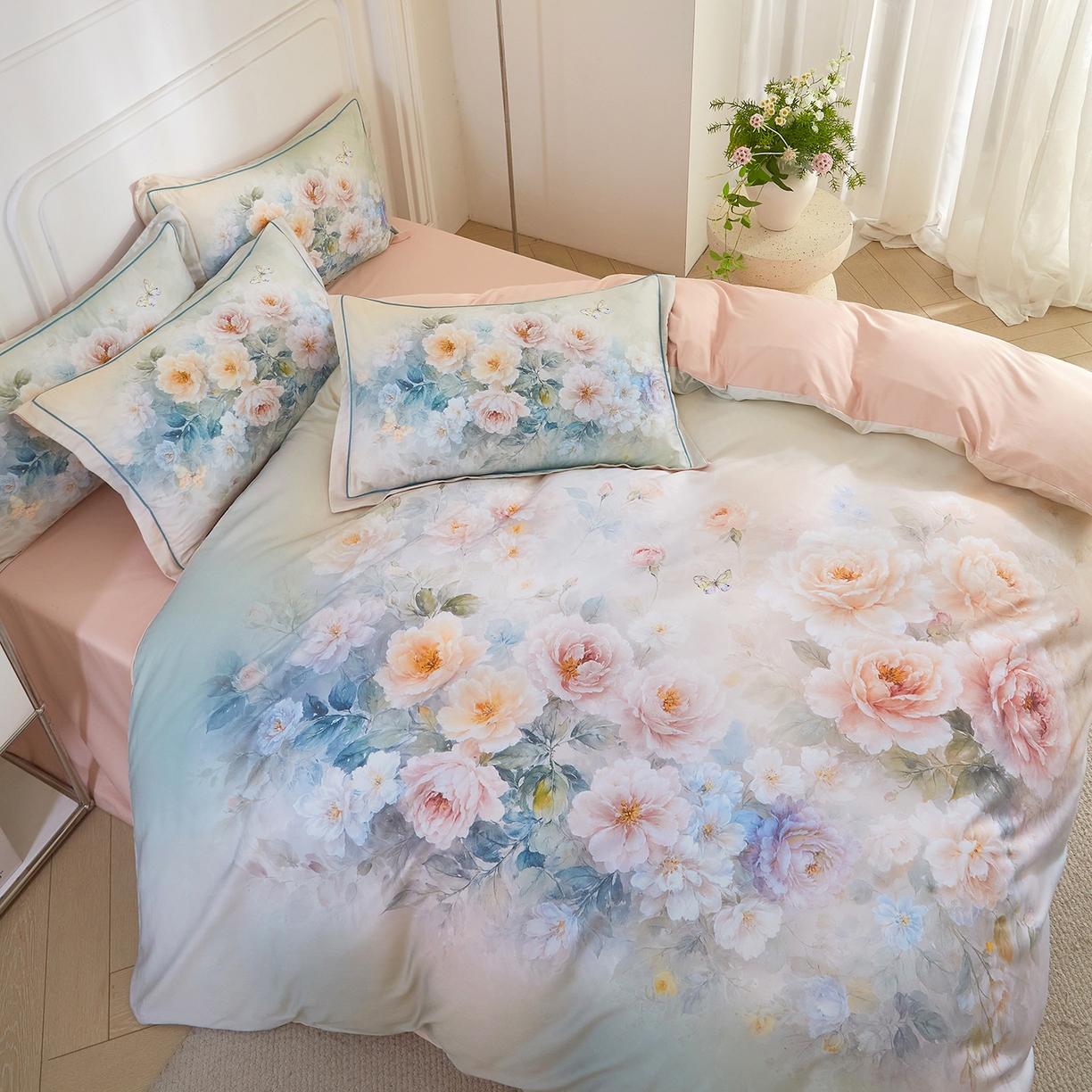 91家纺网 家纺一手货源 找家纺 锦彩家居 2026新款全棉纯棉印花60支贡缎新疆长绒棉四件套-山月记系列 棠华