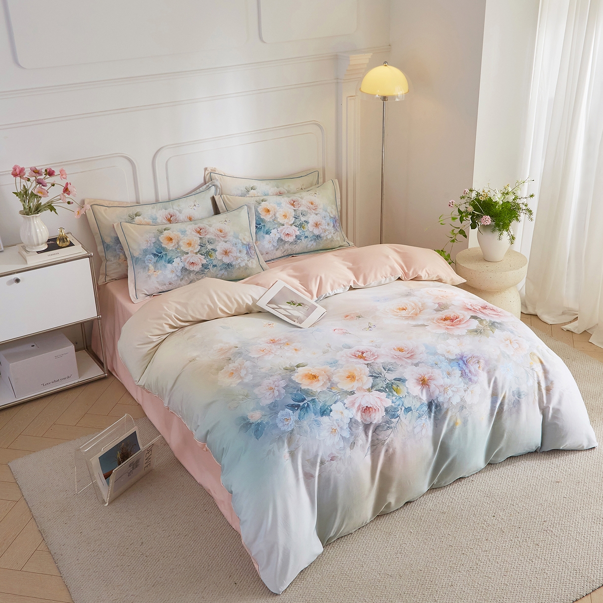 91家纺网 家纺一手货源 找家纺 锦彩家居 2026新款全棉纯棉印花60支贡缎新疆长绒棉四件套-山月记系列 棠华