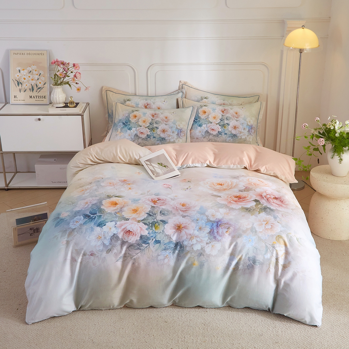 91家纺网 家纺一手货源 找家纺 锦彩家居 2026新款全棉纯棉印花60支贡缎新疆长绒棉四件套-山月记系列 棠华