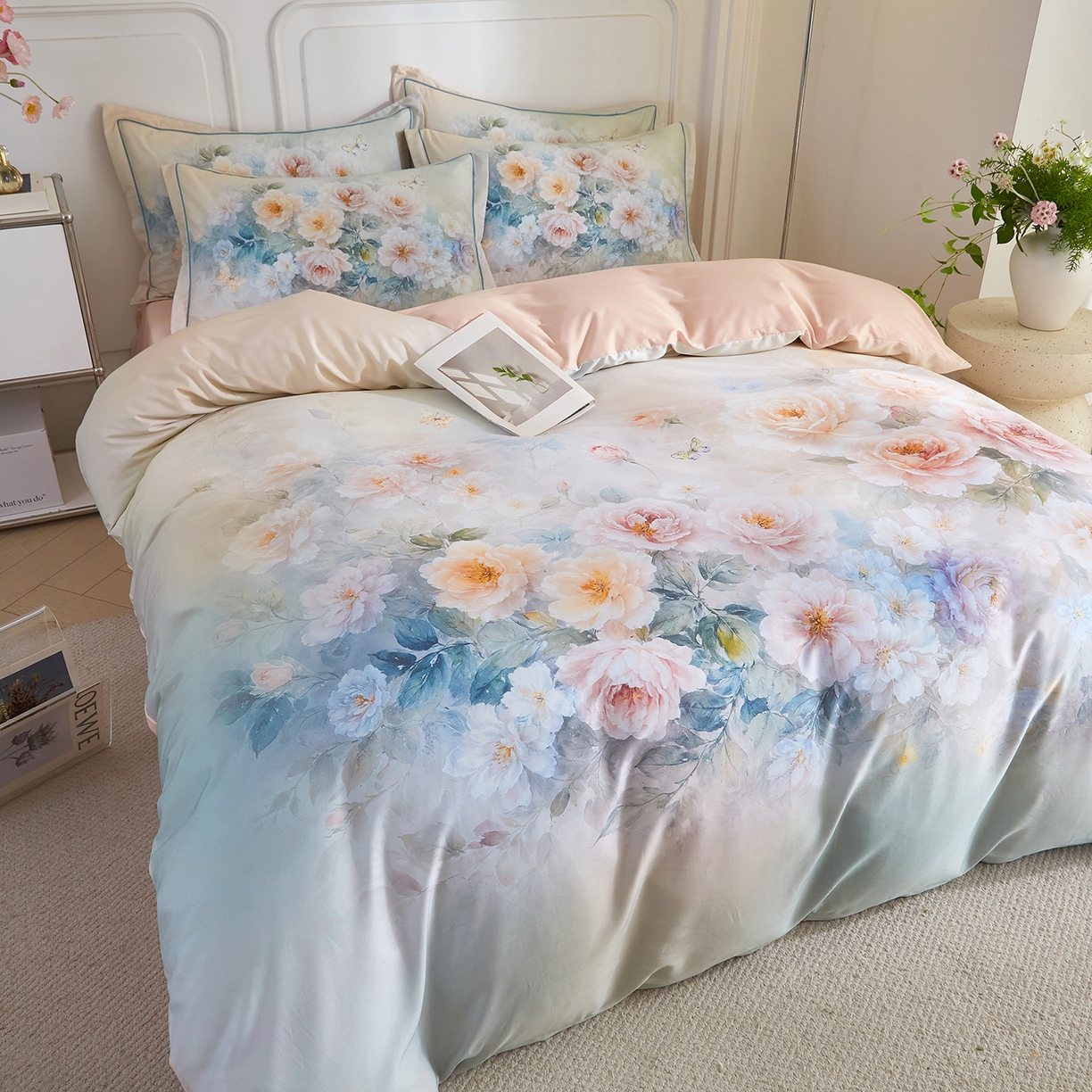 91家纺网 家纺一手货源 找家纺 锦彩家居 2026新款全棉纯棉印花60支贡缎新疆长绒棉四件套-山月记系列 棠华