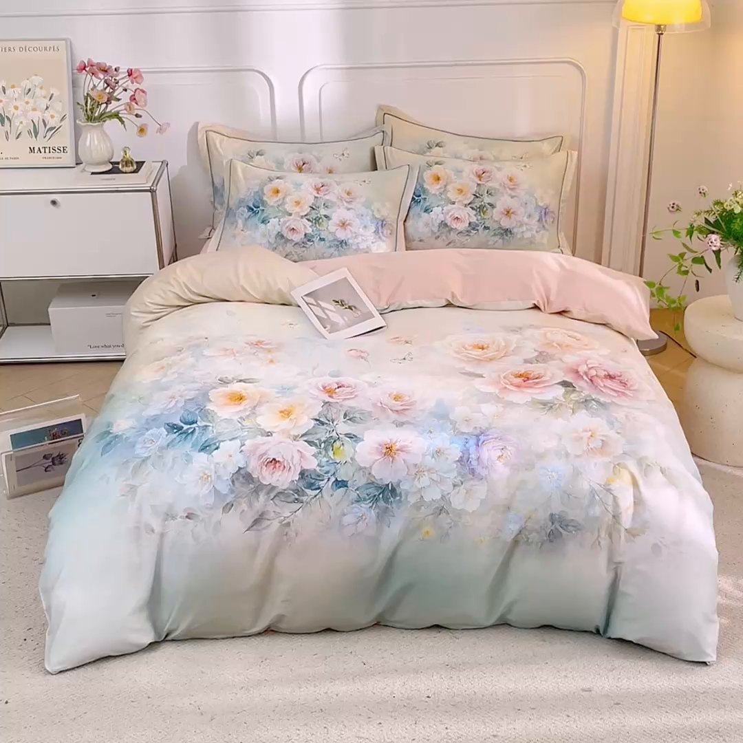 91家纺网 家纺一手货源 找家纺 锦彩家居 2026新款全棉纯棉印花60支贡缎新疆长绒棉四件套-山月记系列 棠华