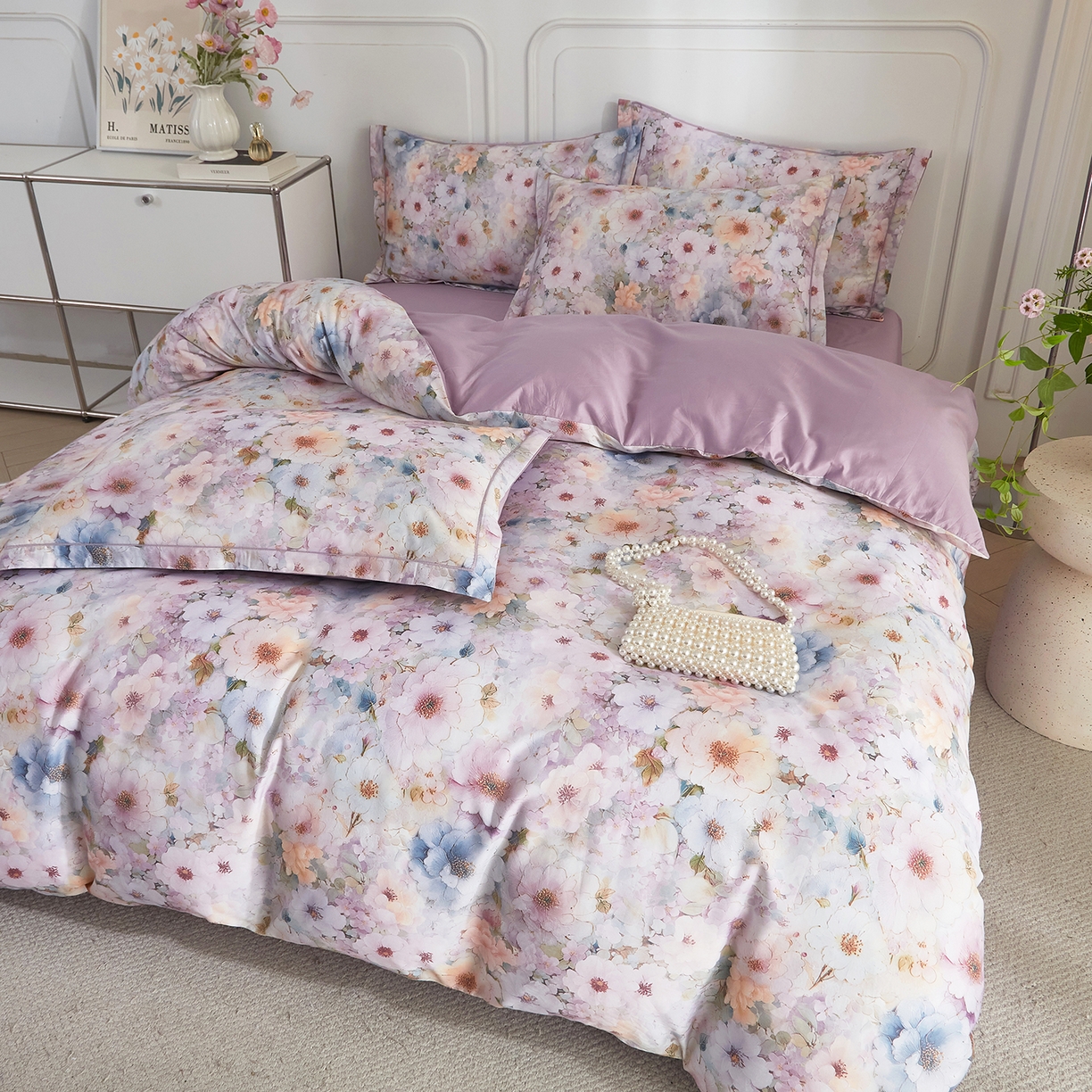 91家纺网 家纺一手货源 找家纺 锦彩家居 2026新款全棉纯棉印花60支贡缎新疆长绒棉四件套-山月记系列 晚芳