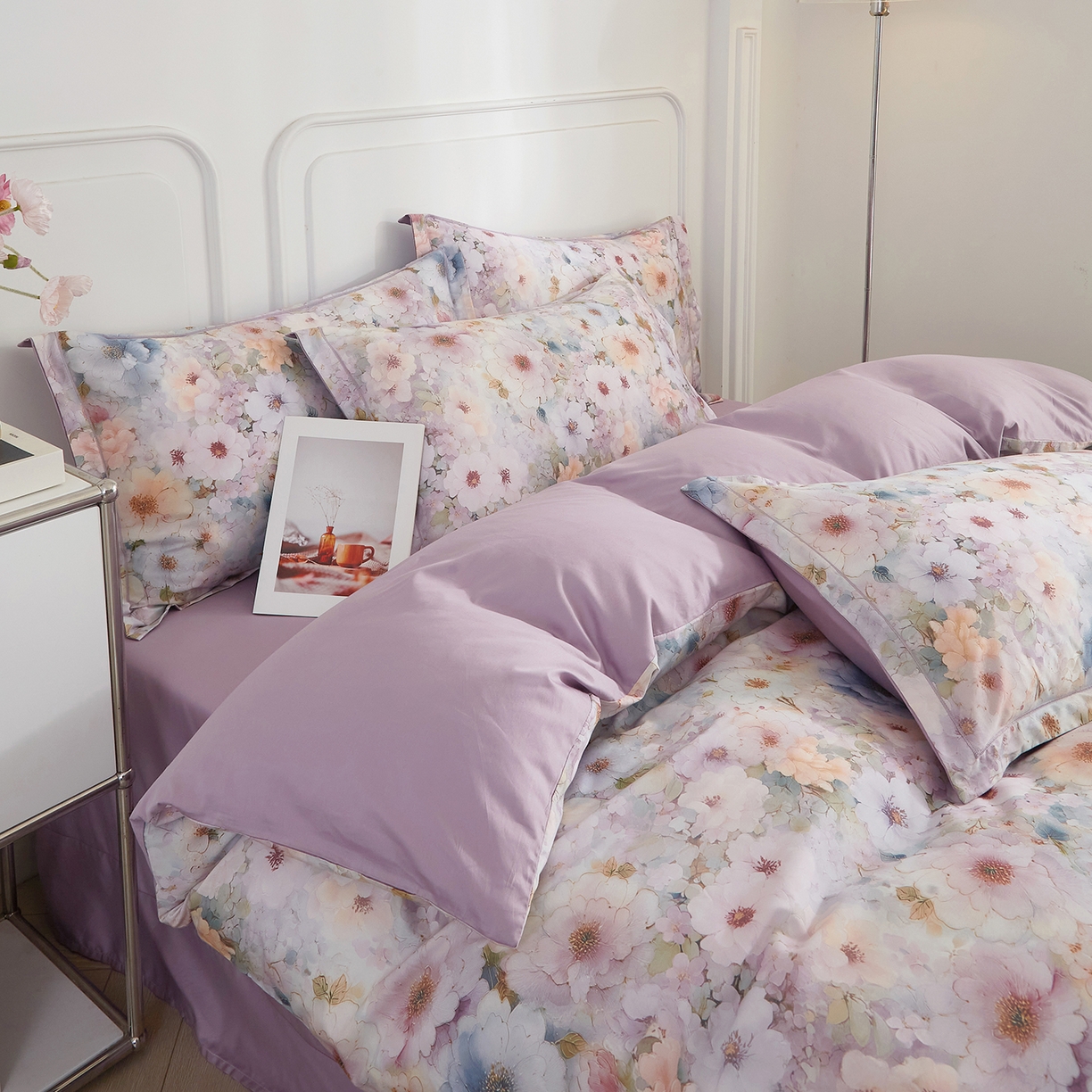 91家纺网 家纺一手货源 找家纺 锦彩家居 2026新款全棉纯棉印花60支贡缎新疆长绒棉四件套-山月记系列 晚芳