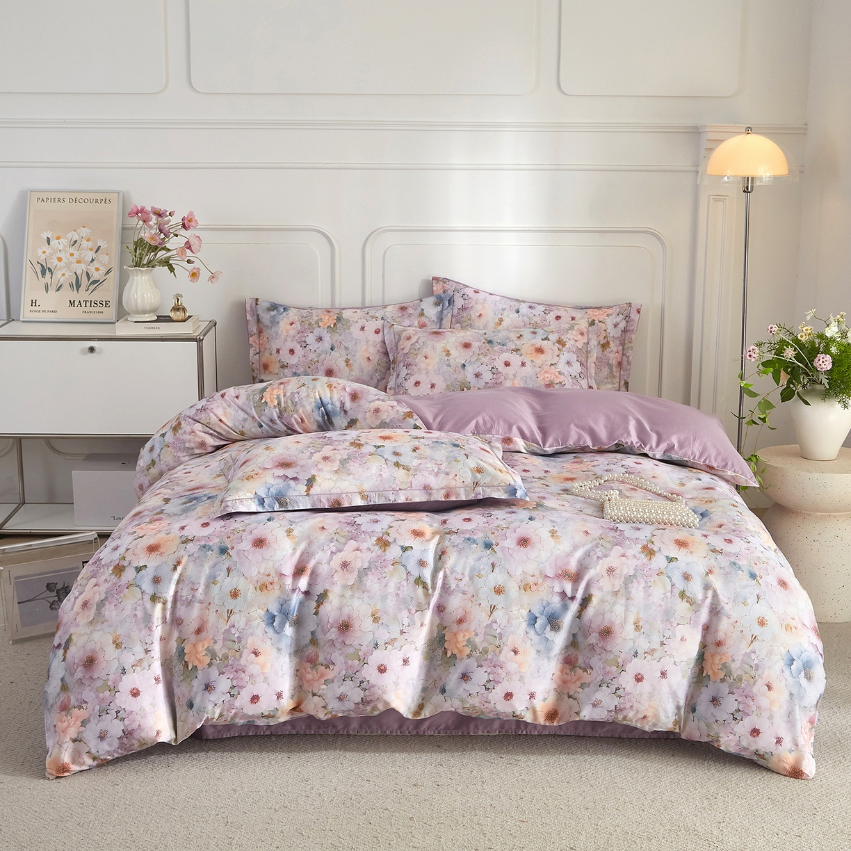 91家纺网 家纺一手货源 找家纺 锦彩家居 2026新款全棉纯棉印花60支贡缎新疆长绒棉四件套-山月记系列 晚芳