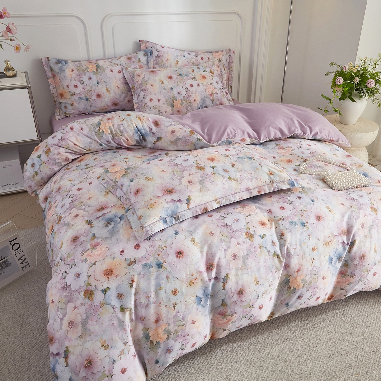 91家纺网 家纺一手货源 找家纺 锦彩家居 2026新款全棉纯棉印花60支贡缎新疆长绒棉四件套-山月记系列 晚芳