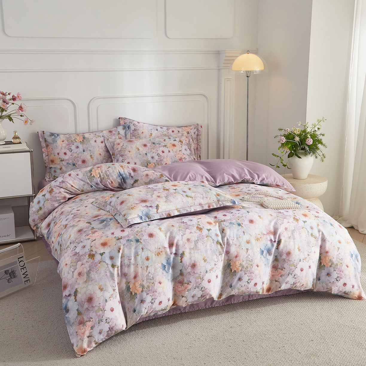 91家纺网 家纺一手货源 找家纺 锦彩家居 2026新款全棉纯棉印花60支贡缎新疆长绒棉四件套-山月记系列 晚芳