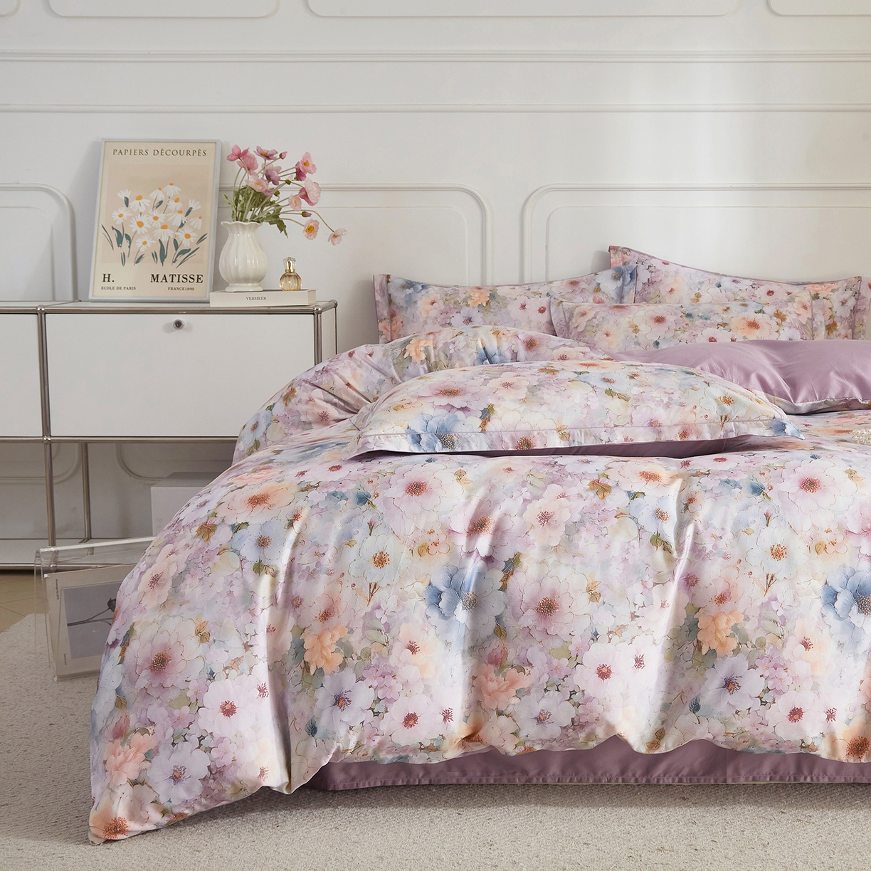 91家纺网 家纺一手货源 找家纺 锦彩家居 2026新款全棉纯棉印花60支贡缎新疆长绒棉四件套-山月记系列 晚芳