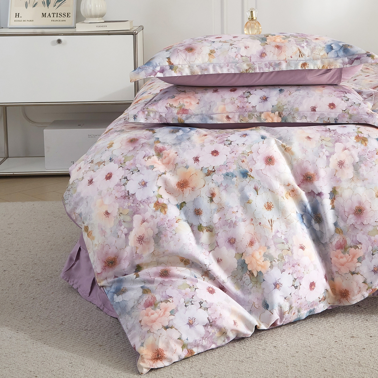 91家纺网 家纺一手货源 找家纺 锦彩家居 2026新款全棉纯棉印花60支贡缎新疆长绒棉四件套-山月记系列 晚芳