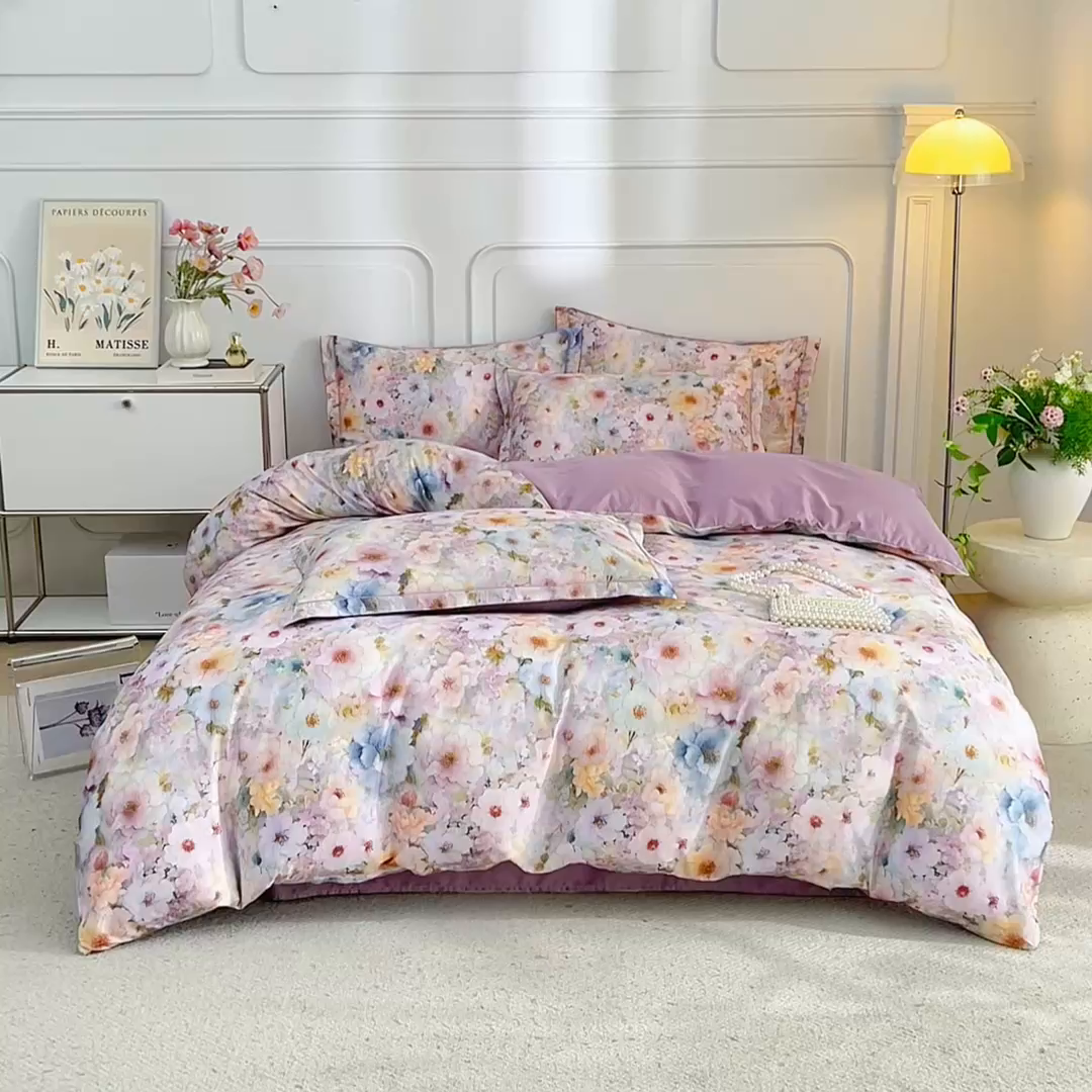 91家纺网 家纺一手货源 找家纺 锦彩家居 2026新款全棉纯棉印花60支贡缎新疆长绒棉四件套-山月记系列 晚芳