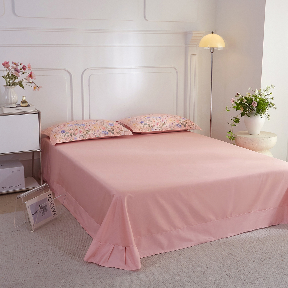 91家纺网 家纺一手货源 找家纺 锦彩家居 2026新款全棉纯棉印花60支贡缎新疆长绒棉四件套-山月记系列 烟柳粉