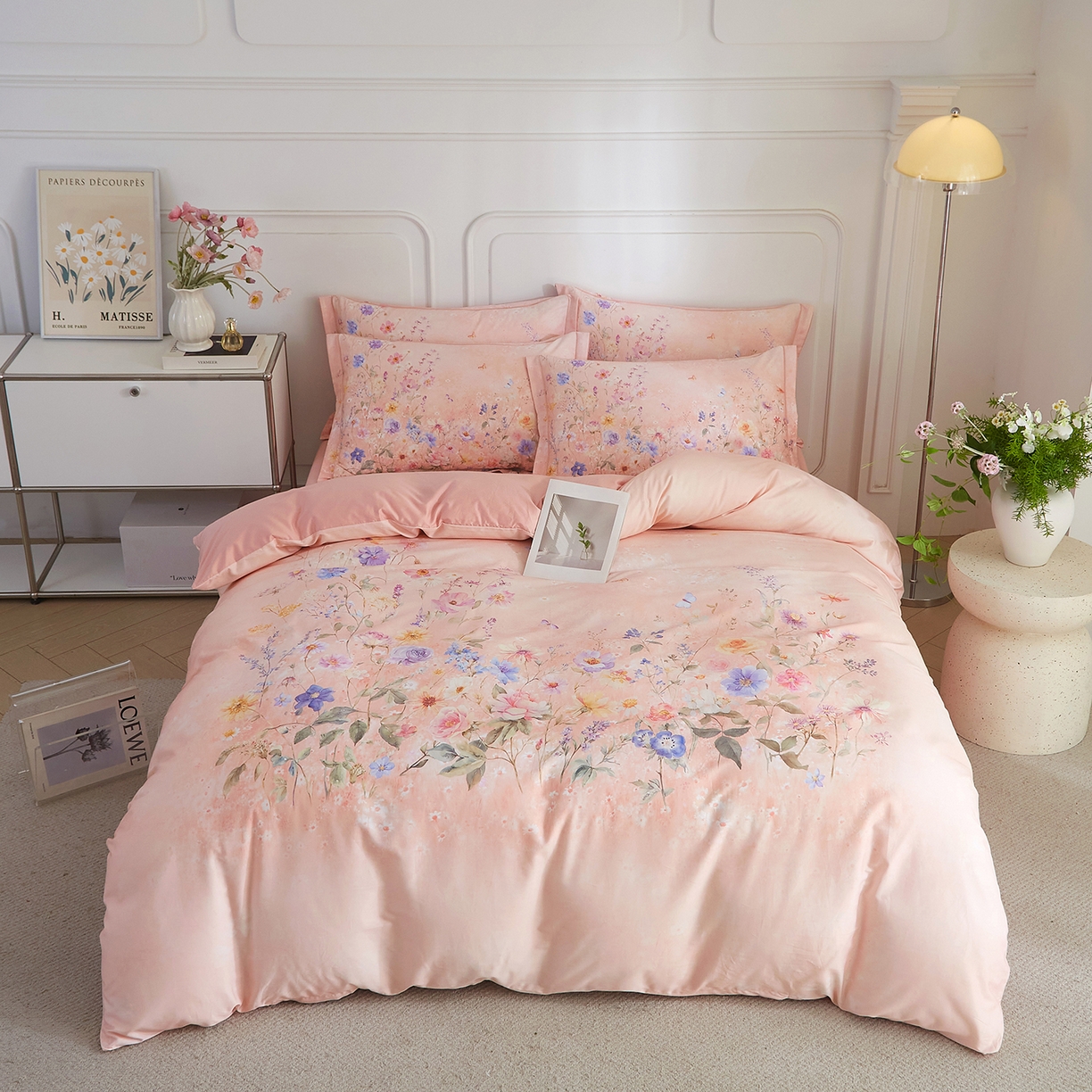 91家纺网 家纺一手货源 找家纺 锦彩家居 2026新款全棉纯棉印花60支贡缎新疆长绒棉四件套-山月记系列 烟柳粉