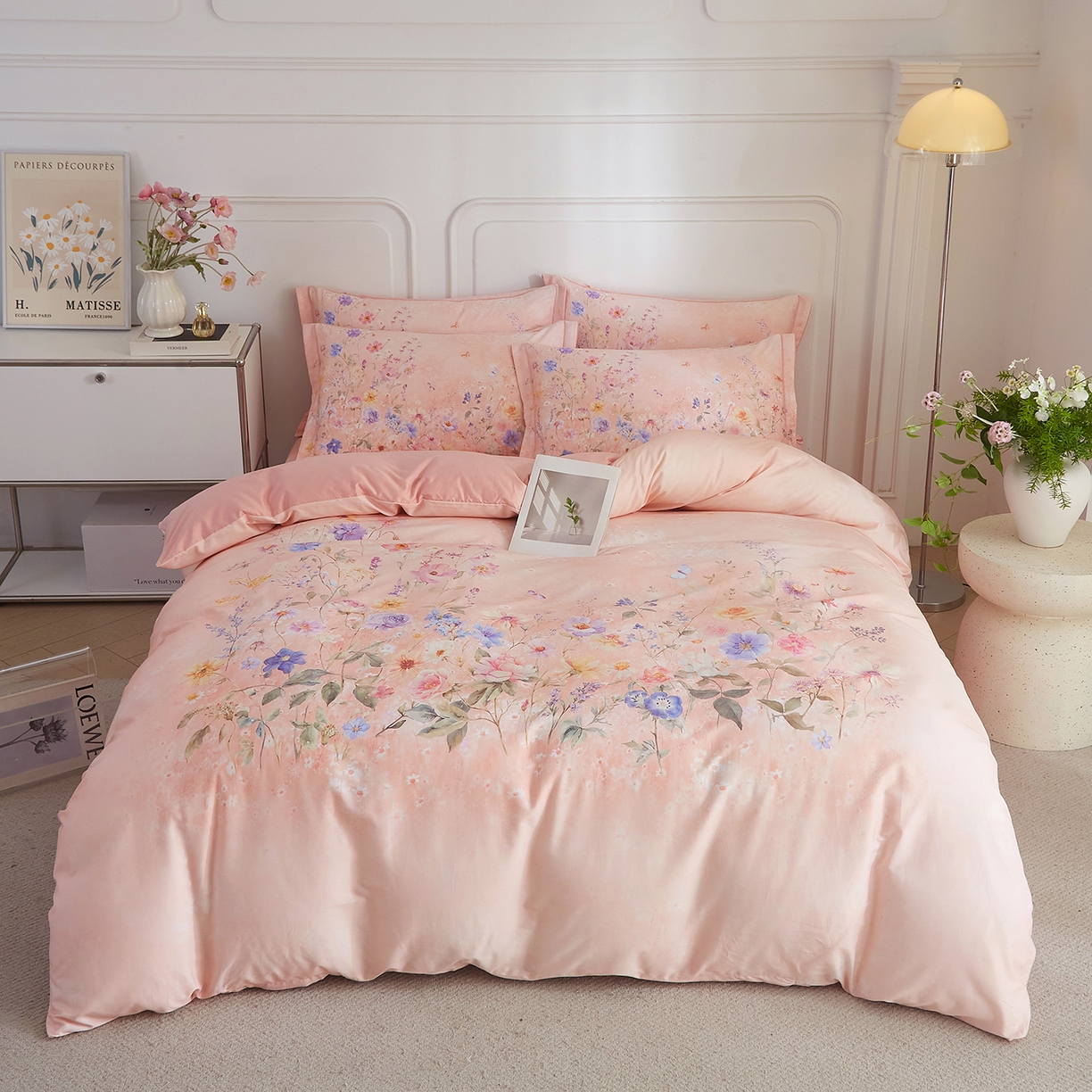 91家纺网 家纺一手货源 找家纺 锦彩家居 2026新款全棉纯棉印花60支贡缎新疆长绒棉四件套-山月记系列 烟柳粉