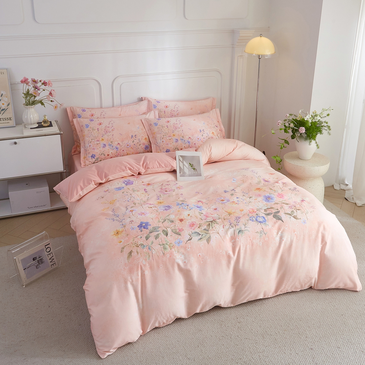 91家纺网 家纺一手货源 找家纺 锦彩家居 2026新款全棉纯棉印花60支贡缎新疆长绒棉四件套-山月记系列 烟柳粉