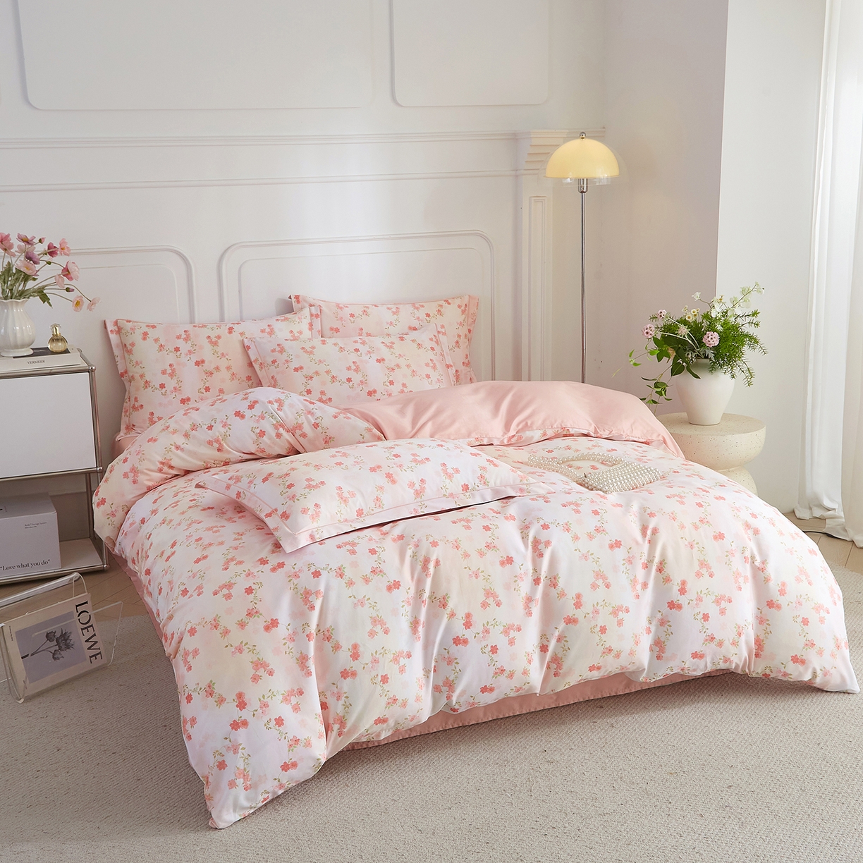 91家纺网 家纺一手货源 找家纺 锦彩家居 2026新款全棉纯棉印花60支贡缎新疆长绒棉四件套-山月记系列 樱落