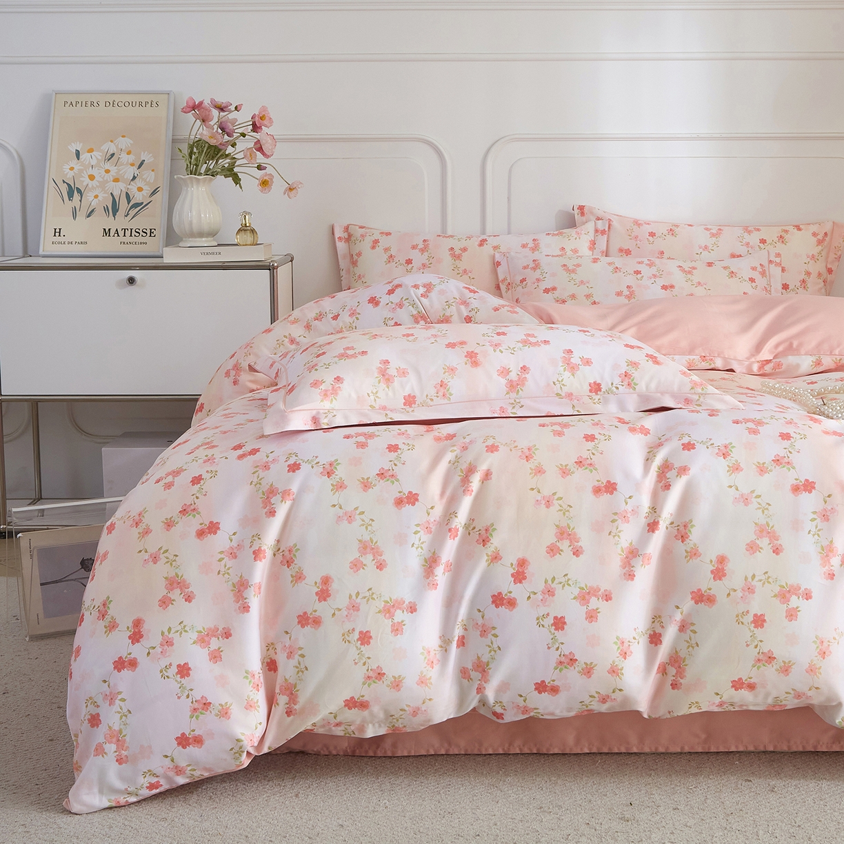 91家纺网 家纺一手货源 找家纺 锦彩家居 2026新款全棉纯棉印花60支贡缎新疆长绒棉四件套-山月记系列 樱落