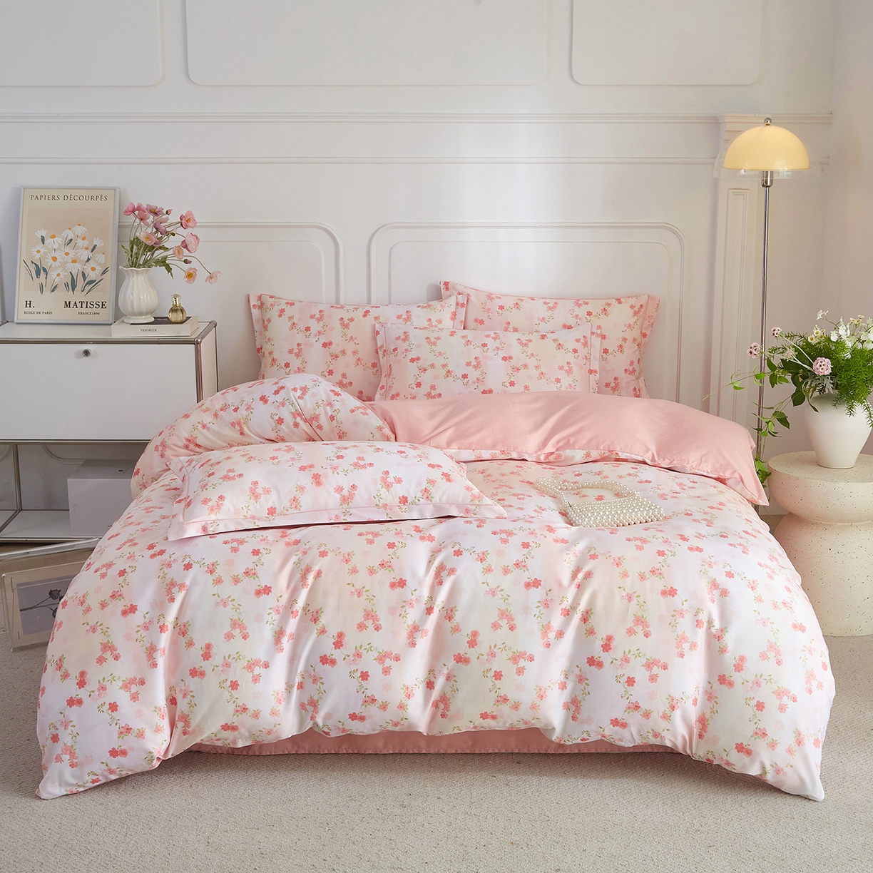 91家纺网 家纺一手货源 找家纺 锦彩家居 2026新款全棉纯棉印花60支贡缎新疆长绒棉四件套-山月记系列 樱落