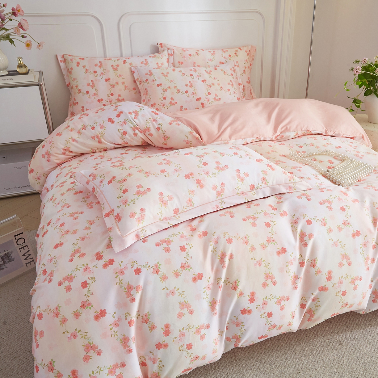 91家纺网 家纺一手货源 找家纺 锦彩家居 2026新款全棉纯棉印花60支贡缎新疆长绒棉四件套-山月记系列 樱落