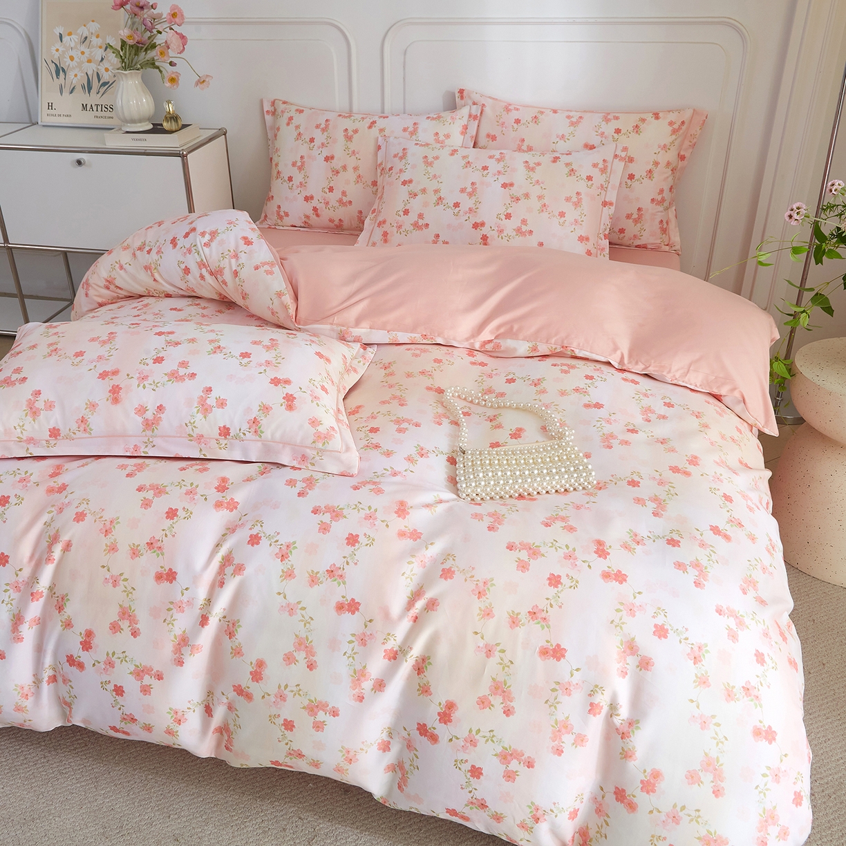 91家纺网 家纺一手货源 找家纺 锦彩家居 2026新款全棉纯棉印花60支贡缎新疆长绒棉四件套-山月记系列 樱落