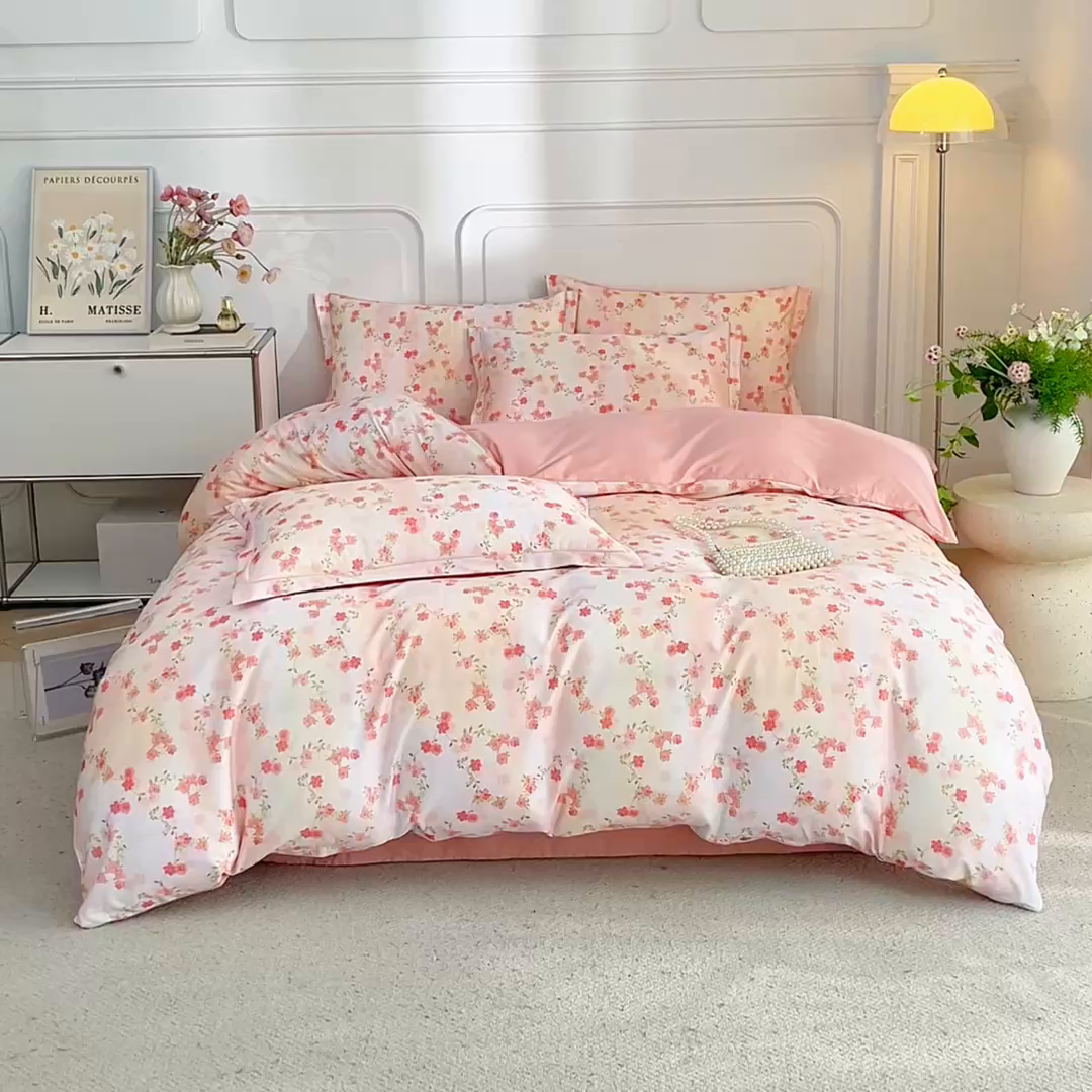 91家纺网 家纺一手货源 找家纺 锦彩家居 2026新款全棉纯棉印花60支贡缎新疆长绒棉四件套-山月记系列 樱落