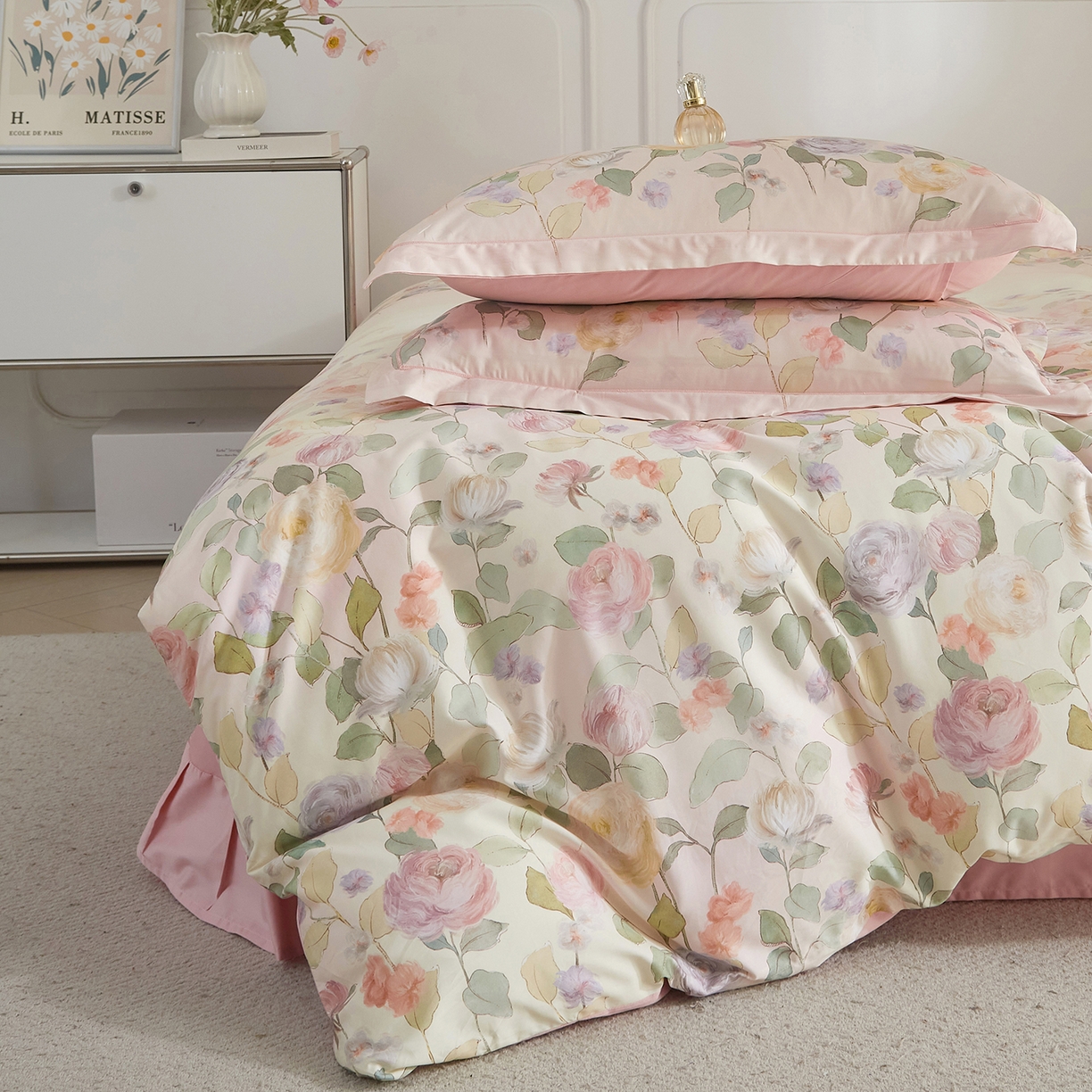 91家纺网 家纺一手货源 找家纺 锦彩家居 2026新款全棉纯棉印花60支贡缎新疆长绒棉四件套-山月记系列 云舒