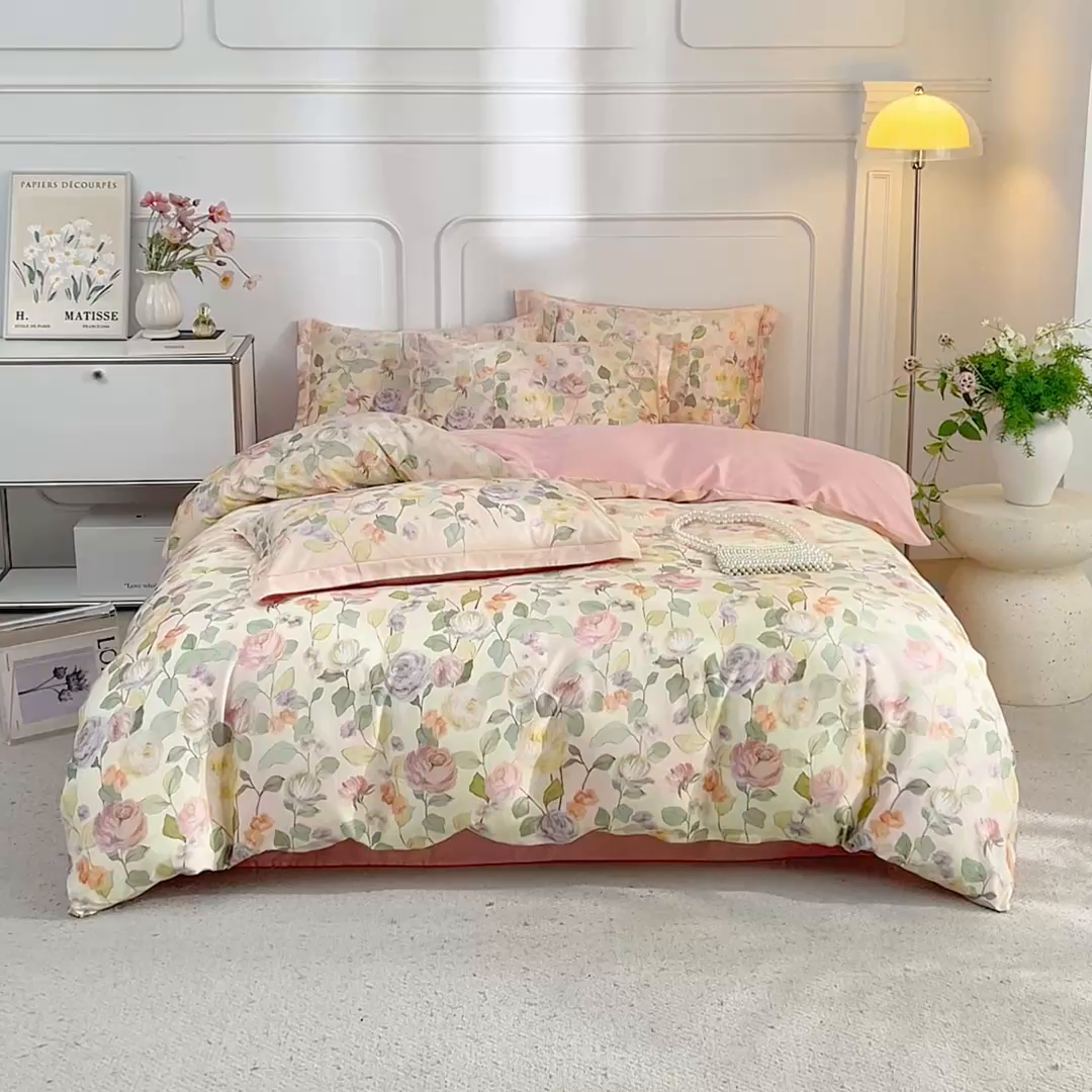 91家纺网 家纺一手货源 找家纺 锦彩家居 2026新款全棉纯棉印花60支贡缎新疆长绒棉四件套-山月记系列 云舒