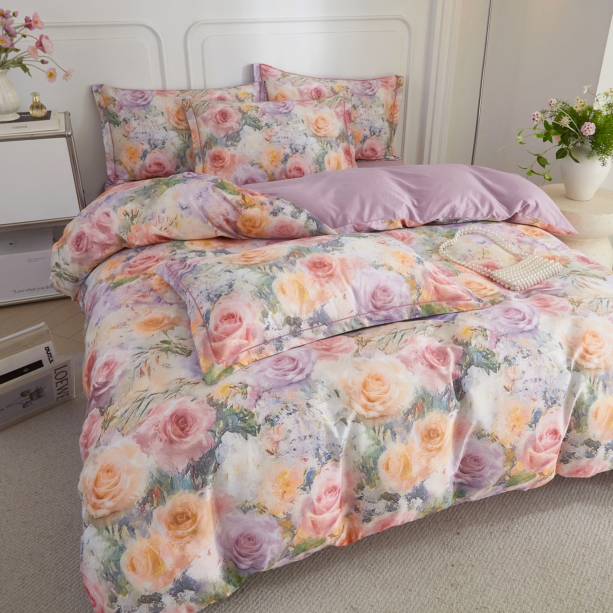 91家纺网 家纺一手货源 找家纺 锦彩家居 2026新款全棉纯棉印花60支贡缎新疆长绒棉四件套-山月记系列 枕春