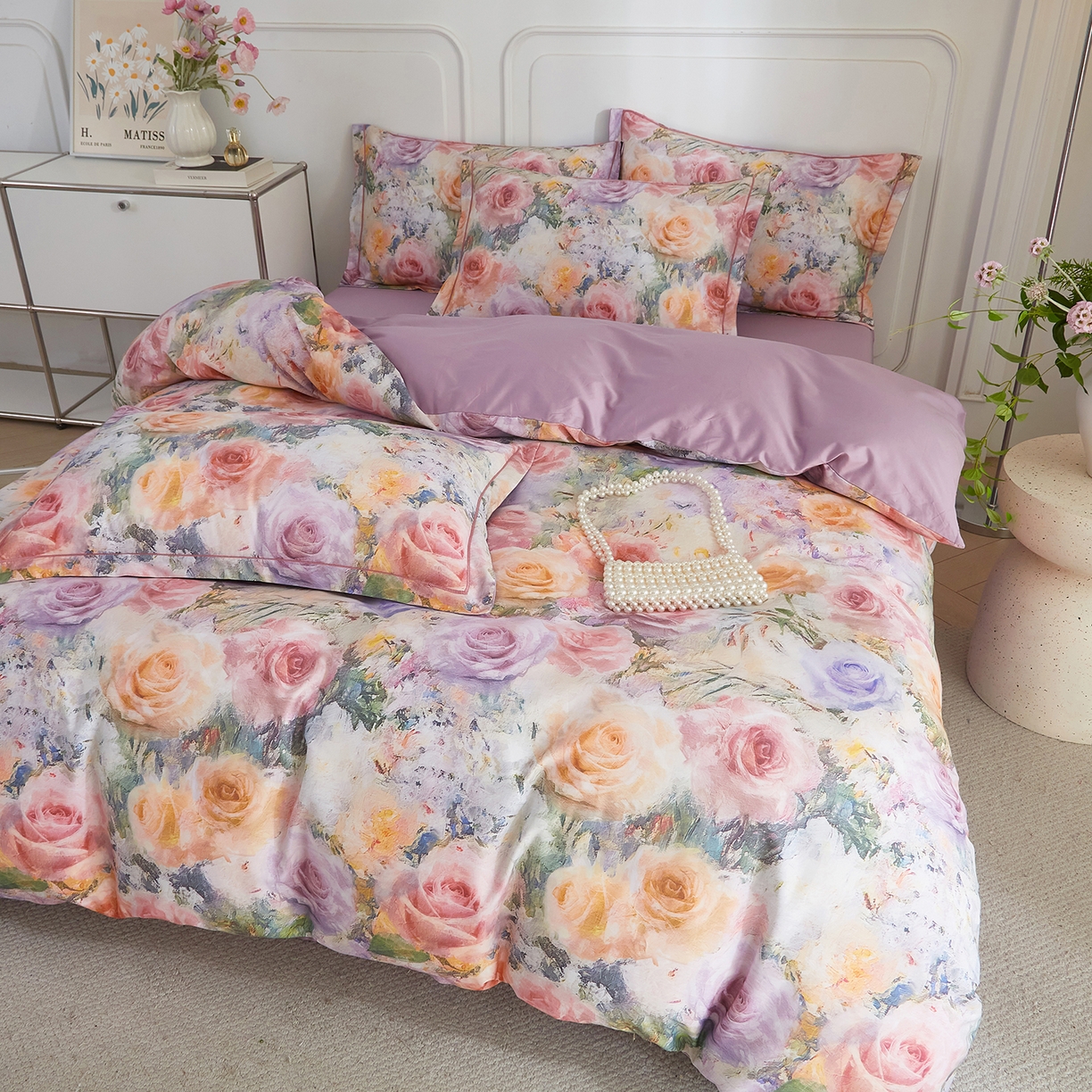 91家纺网 家纺一手货源 找家纺 锦彩家居 2026新款全棉纯棉印花60支贡缎新疆长绒棉四件套-山月记系列 枕春