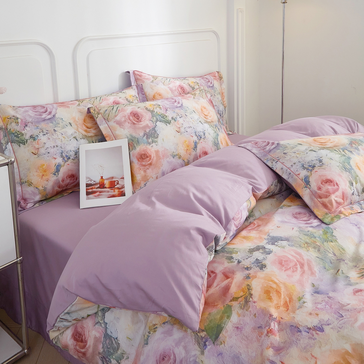 91家纺网 家纺一手货源 找家纺 锦彩家居 2026新款全棉纯棉印花60支贡缎新疆长绒棉四件套-山月记系列 枕春