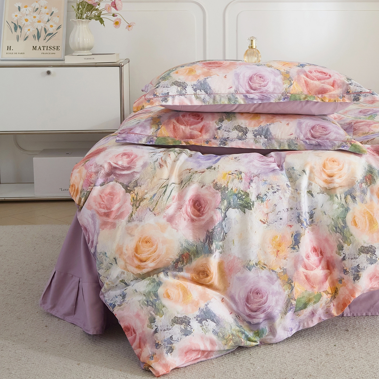 91家纺网 家纺一手货源 找家纺 锦彩家居 2026新款全棉纯棉印花60支贡缎新疆长绒棉四件套-山月记系列 枕春