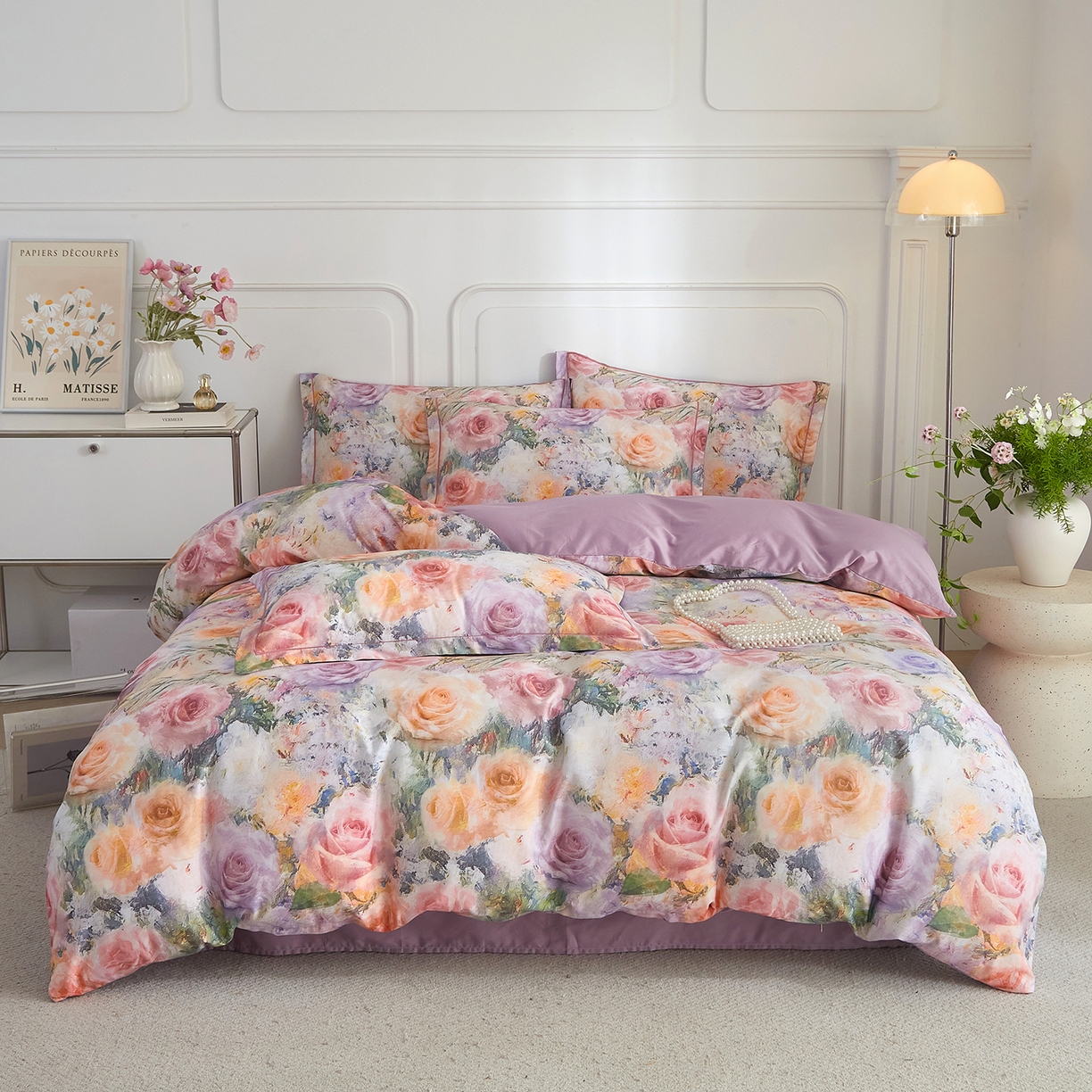 91家纺网 家纺一手货源 找家纺 锦彩家居 2026新款全棉纯棉印花60支贡缎新疆长绒棉四件套-山月记系列 枕春