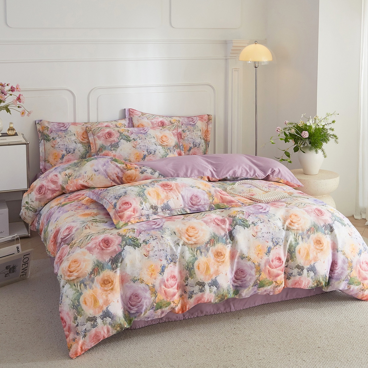 91家纺网 家纺一手货源 找家纺 锦彩家居 2026新款全棉纯棉印花60支贡缎新疆长绒棉四件套-山月记系列 枕春