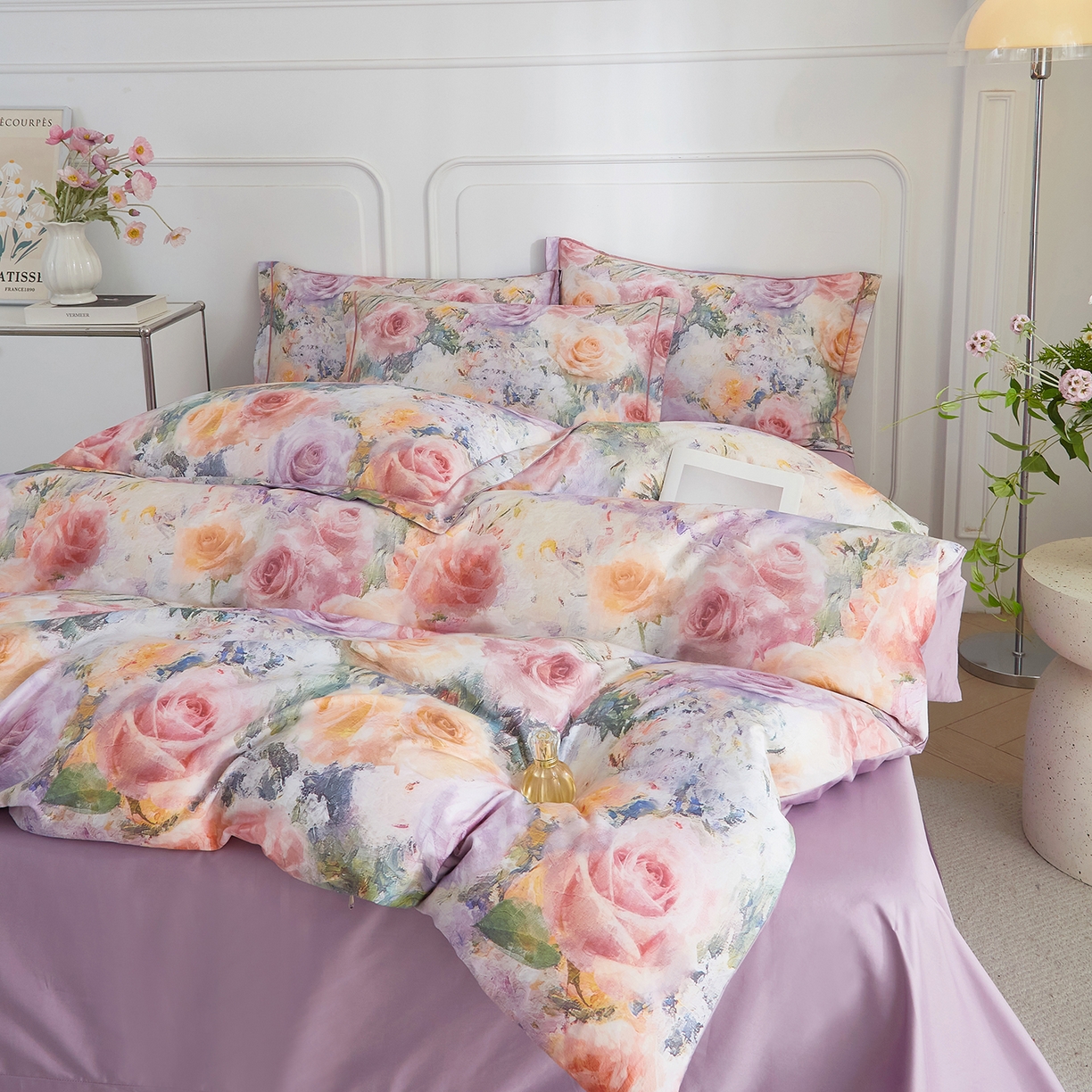 91家纺网 家纺一手货源 找家纺 锦彩家居 2026新款全棉纯棉印花60支贡缎新疆长绒棉四件套-山月记系列 枕春