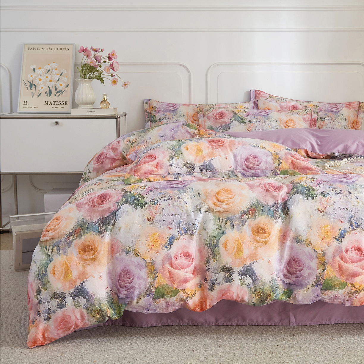 91家纺网 家纺一手货源 找家纺 锦彩家居 2026新款全棉纯棉印花60支贡缎新疆长绒棉四件套-山月记系列 枕春