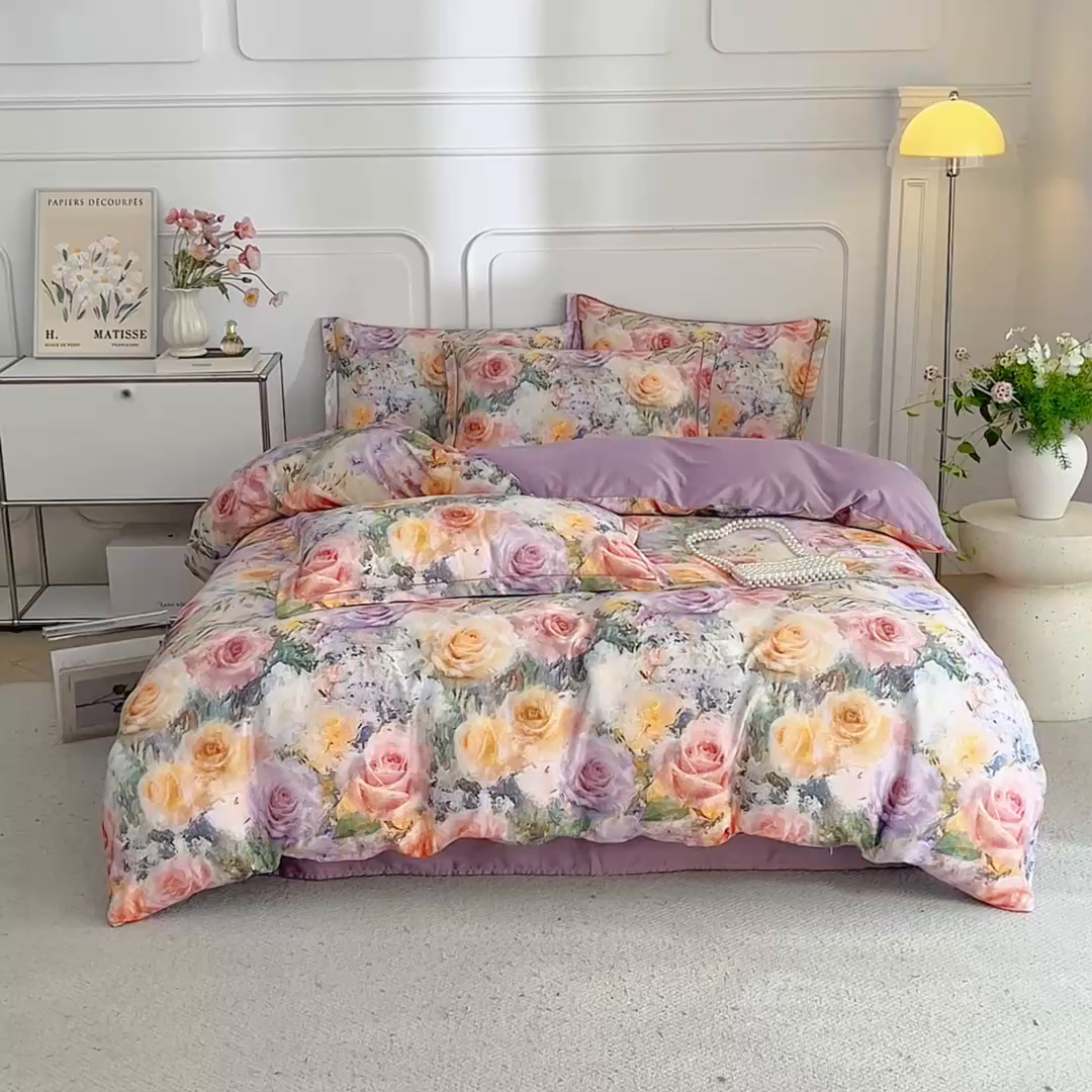 91家纺网 家纺一手货源 找家纺 锦彩家居 2026新款全棉纯棉印花60支贡缎新疆长绒棉四件套-山月记系列 枕春