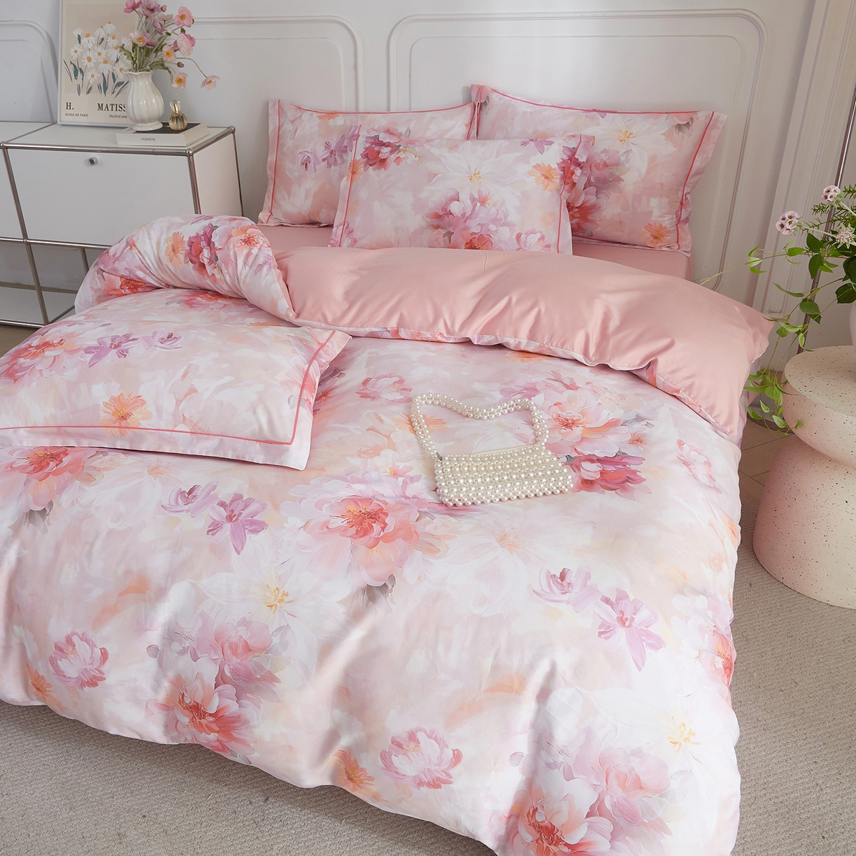 91家纺网 家纺一手货源 找家纺 锦彩家居 2026新款全棉纯棉印花60支贡缎新疆长绒棉四件套-山月记系列 芷春