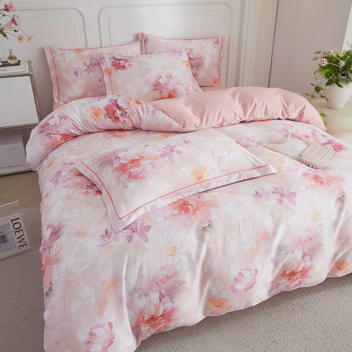 91家纺网 家纺一手货源 找家纺 锦彩家居 2026新款全棉纯棉印花60支贡缎新疆长绒棉四件套-山月记系列 芷春