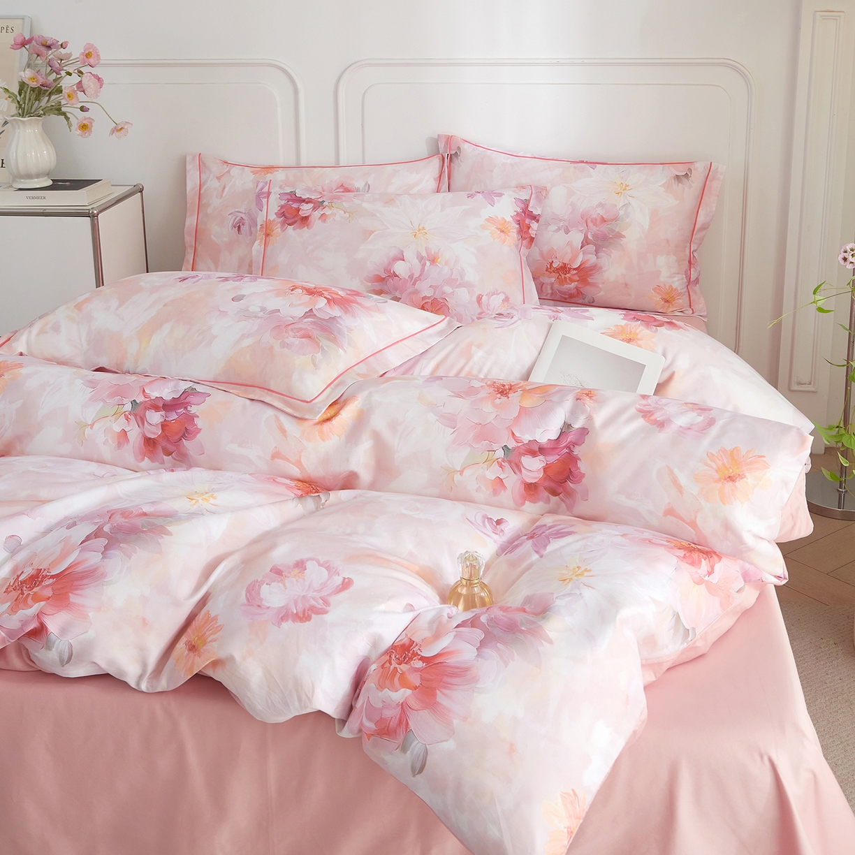 91家纺网 家纺一手货源 找家纺 锦彩家居 2026新款全棉纯棉印花60支贡缎新疆长绒棉四件套-山月记系列 芷春