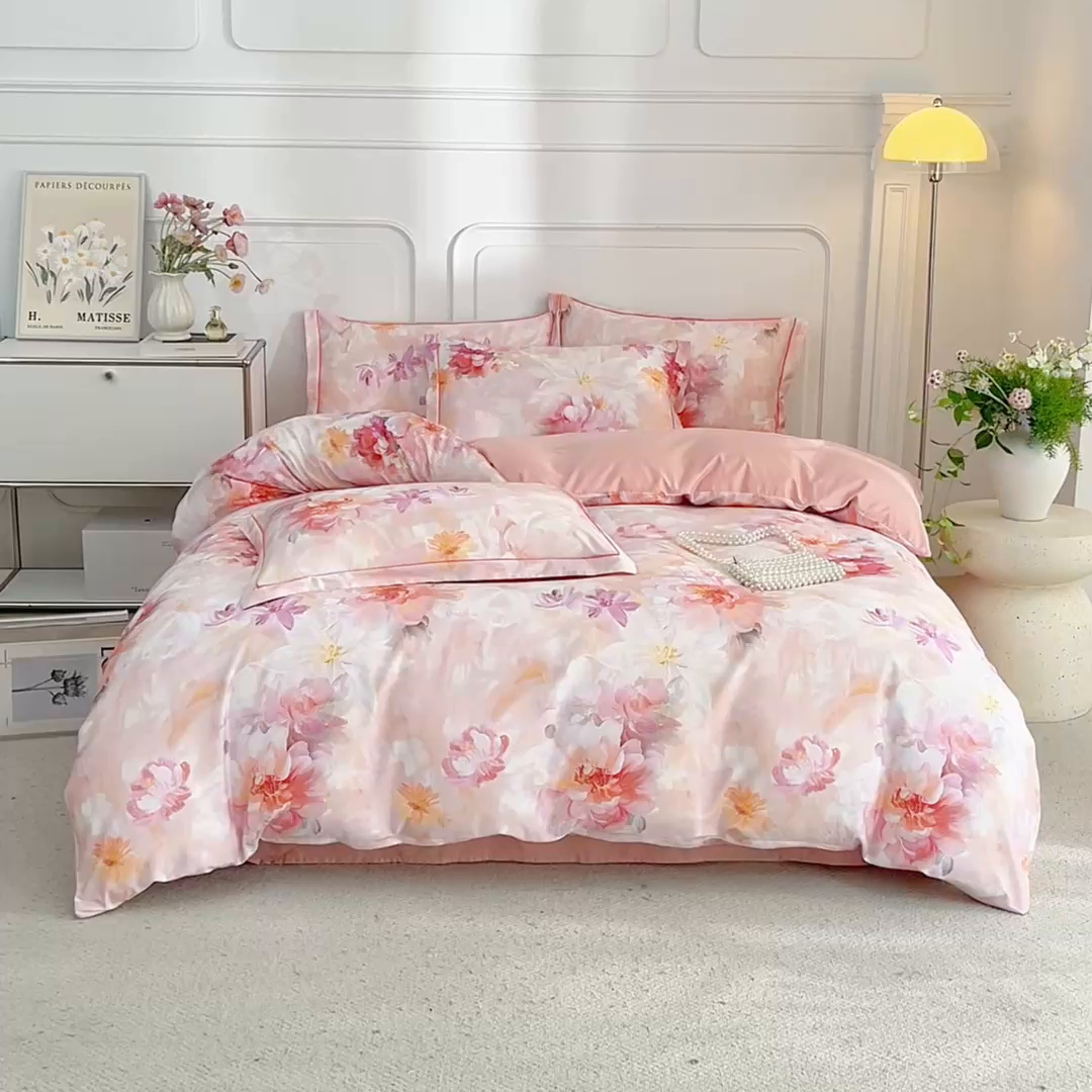 91家纺网 家纺一手货源 找家纺 锦彩家居 2026新款全棉纯棉印花60支贡缎新疆长绒棉四件套-山月记系列 芷春