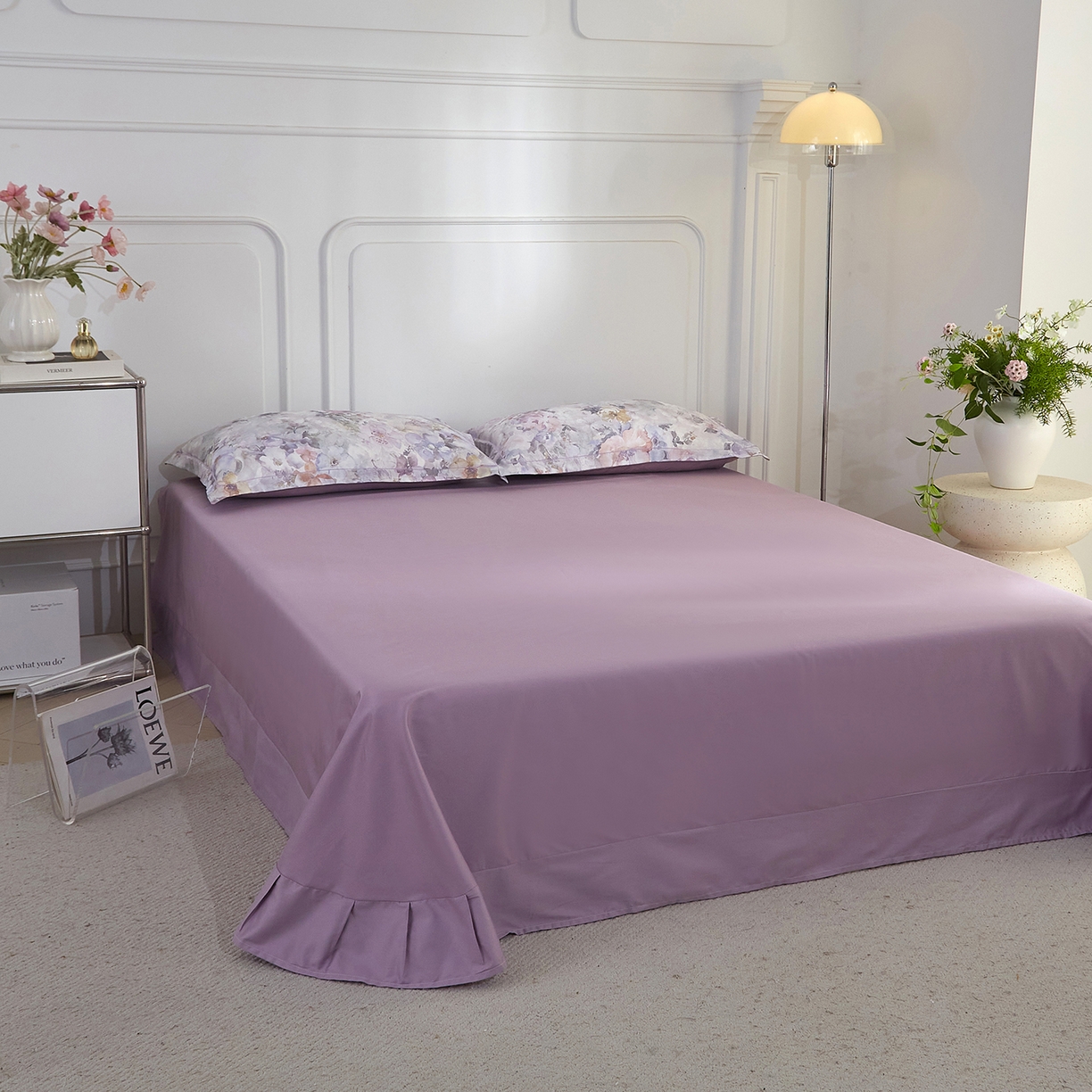 91家纺网 家纺一手货源 找家纺 锦彩家居 2026新款全棉纯棉印花60支贡缎新疆长绒棉四件套-山月记系列 紫芙