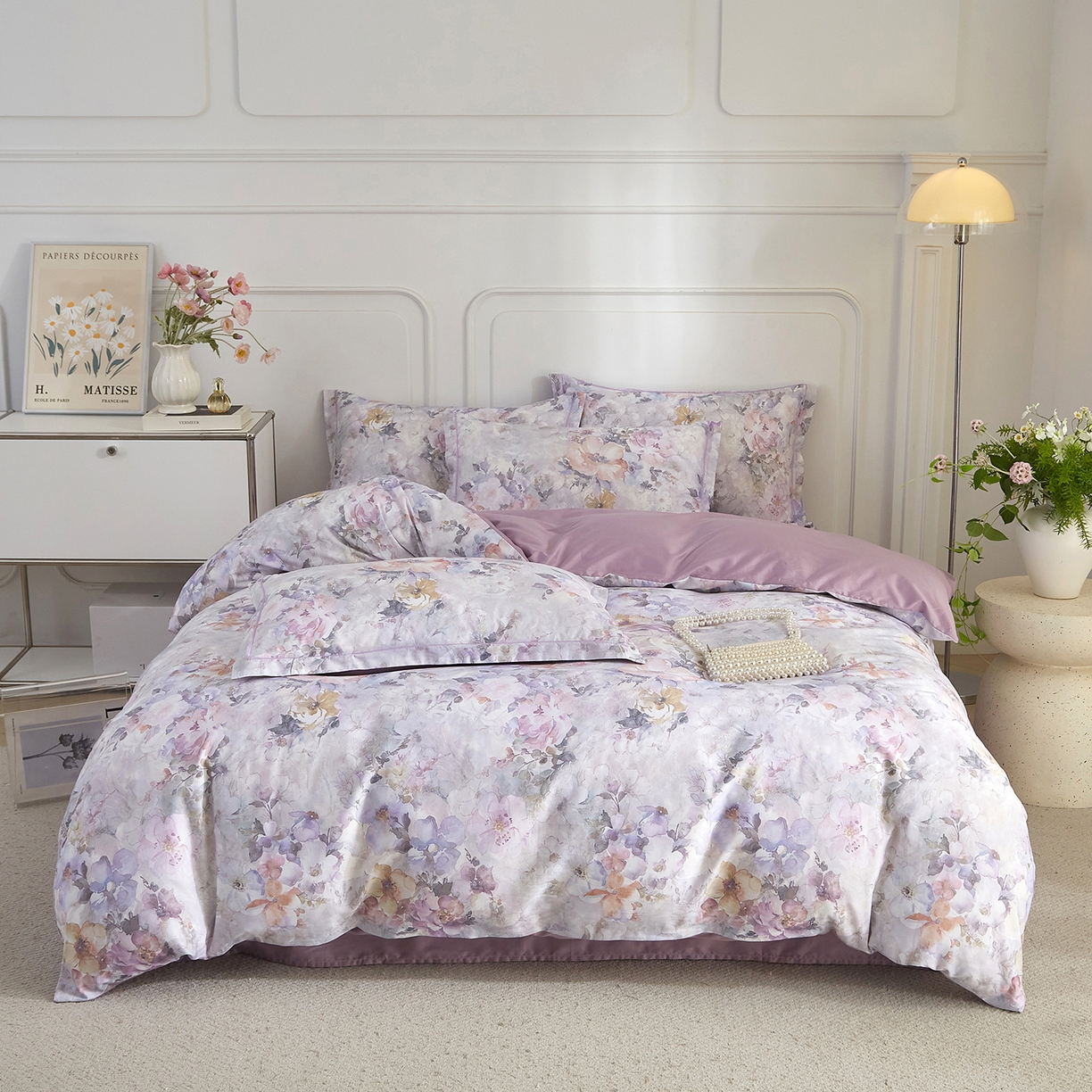 91家纺网 家纺一手货源 找家纺 锦彩家居 2026新款全棉纯棉印花60支贡缎新疆长绒棉四件套-山月记系列 紫芙