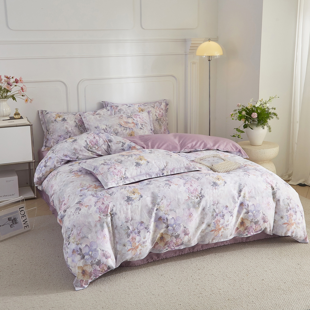 91家纺网 家纺一手货源 找家纺 锦彩家居 2026新款全棉纯棉印花60支贡缎新疆长绒棉四件套-山月记系列 紫芙