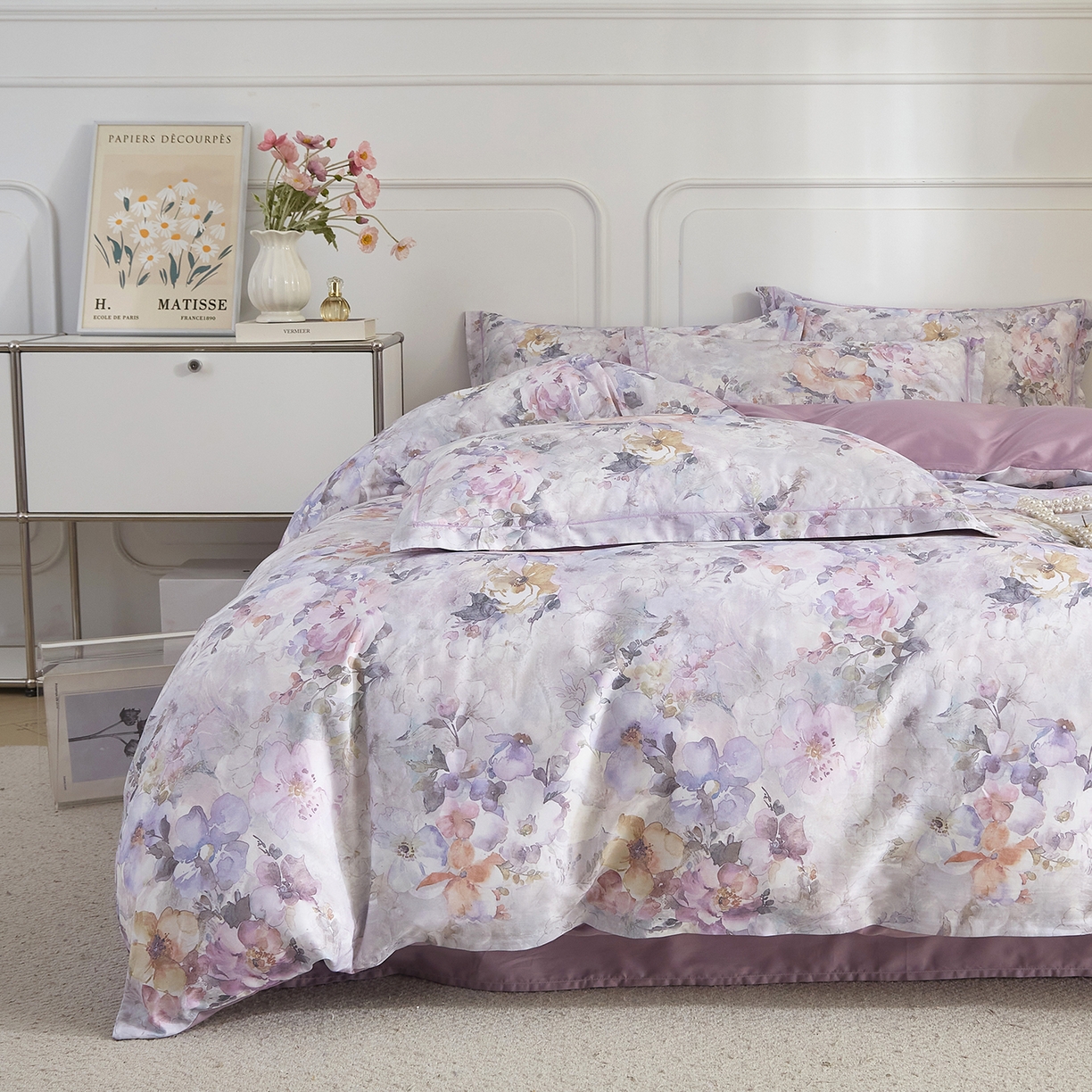 91家纺网 家纺一手货源 找家纺 锦彩家居 2026新款全棉纯棉印花60支贡缎新疆长绒棉四件套-山月记系列 紫芙