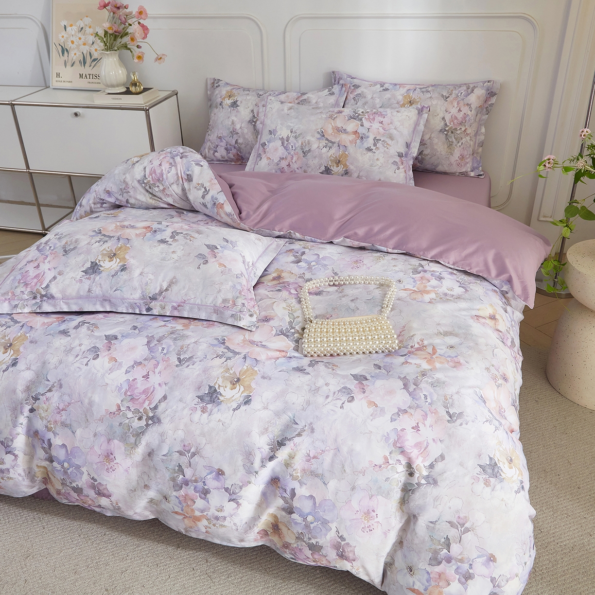 91家纺网 家纺一手货源 找家纺 锦彩家居 2026新款全棉纯棉印花60支贡缎新疆长绒棉四件套-山月记系列 紫芙