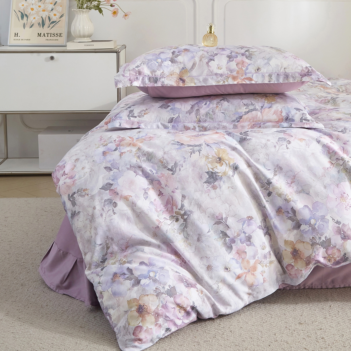 91家纺网 家纺一手货源 找家纺 锦彩家居 2026新款全棉纯棉印花60支贡缎新疆长绒棉四件套-山月记系列 紫芙